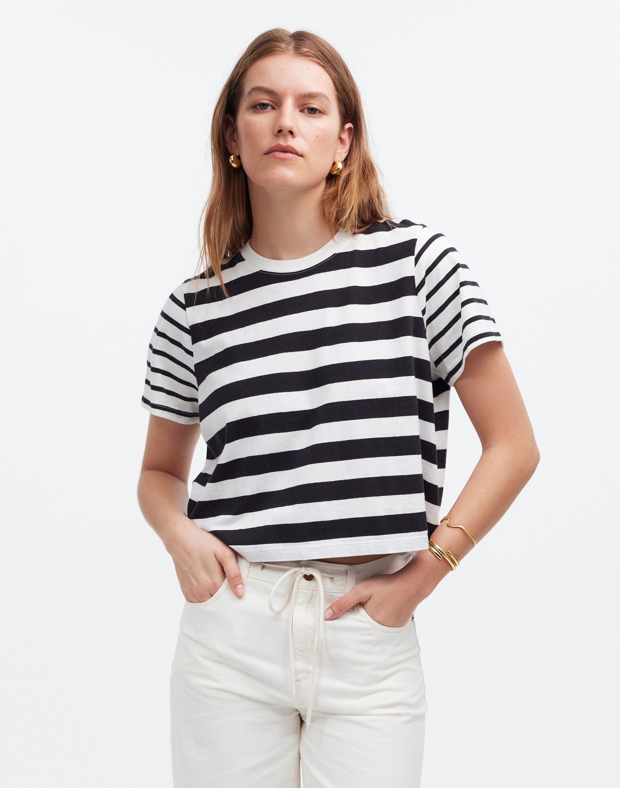 softfade cotton boxy-crop tee in mixed stripe