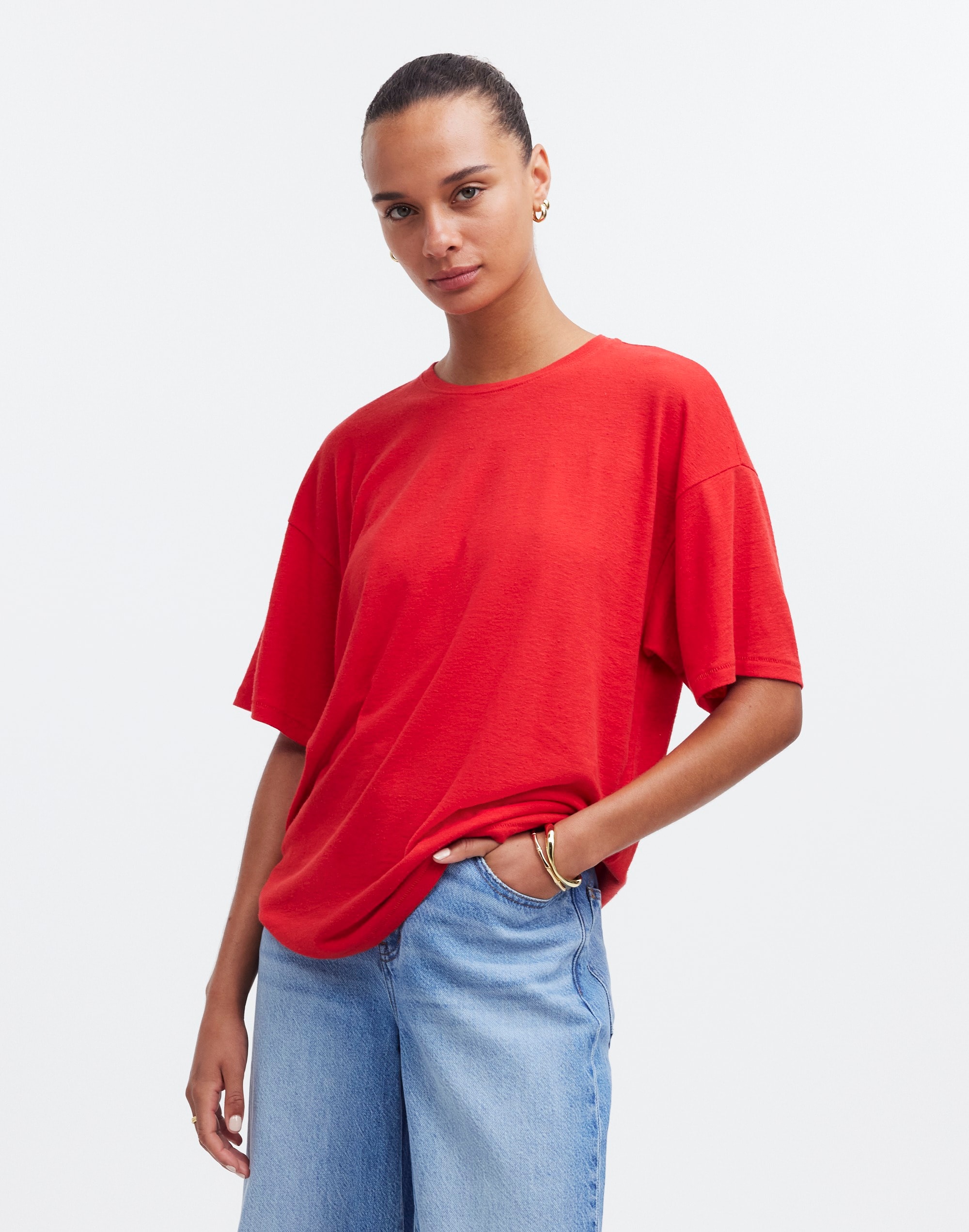 Mw Linen-blend Crewneck Oversized Tee In Red