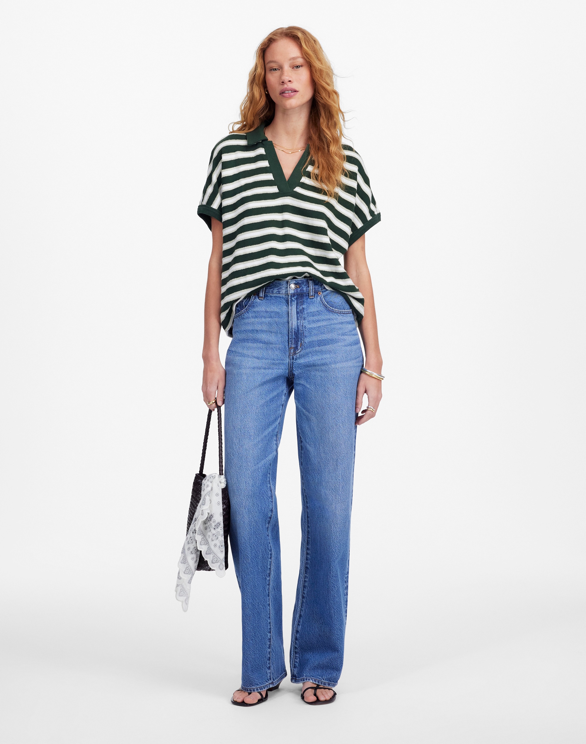 Relaxed V-Neck Polo Shirt in Stripe
