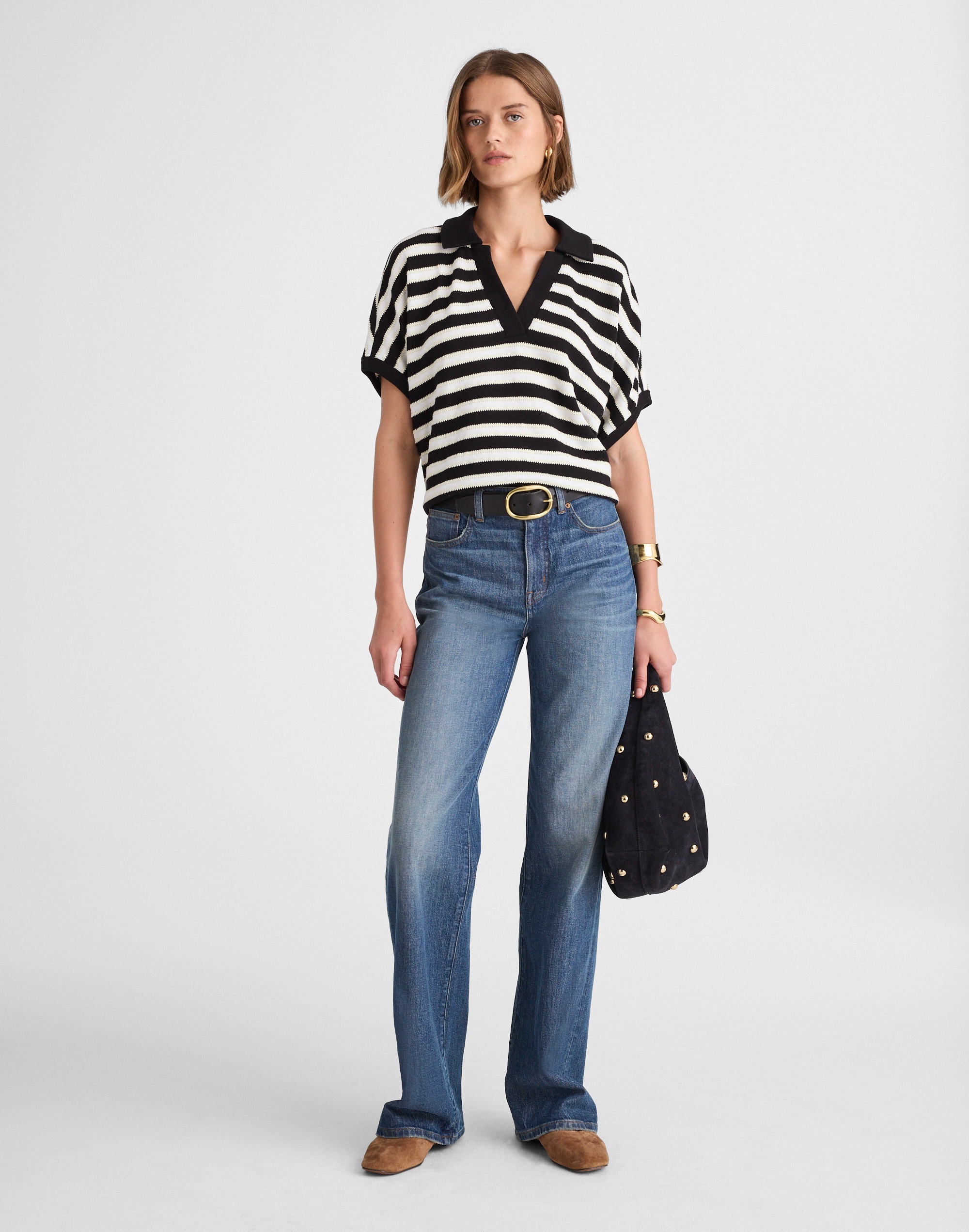 Relaxed V-Neck Polo Shirt in Stripe