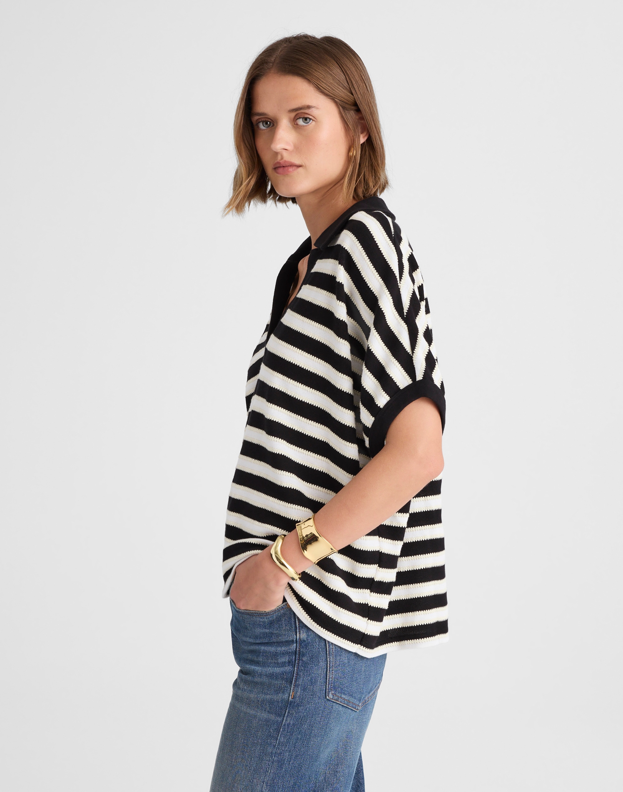 Relaxed V-Neck Polo Shirt in Stripe