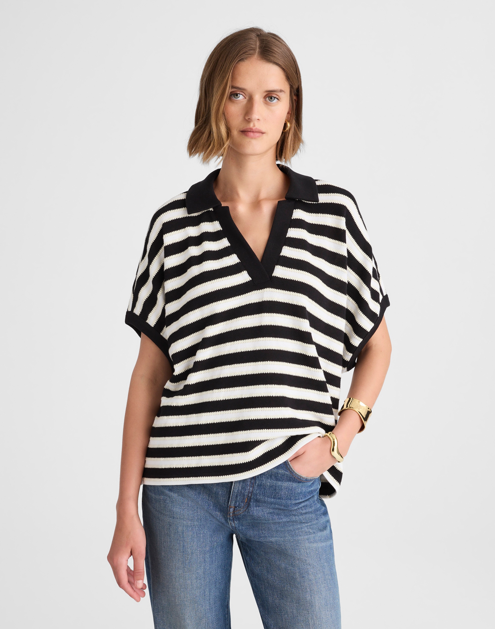 Relaxed V-Neck Polo Shirt in Stripe