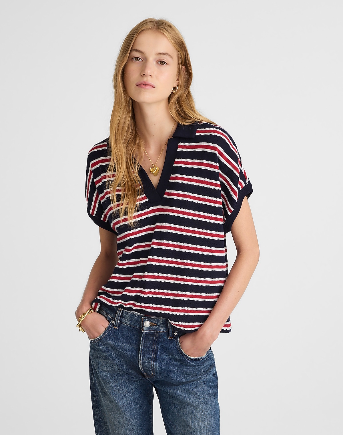 Relaxed V-Neck Polo Shirt in Stripe