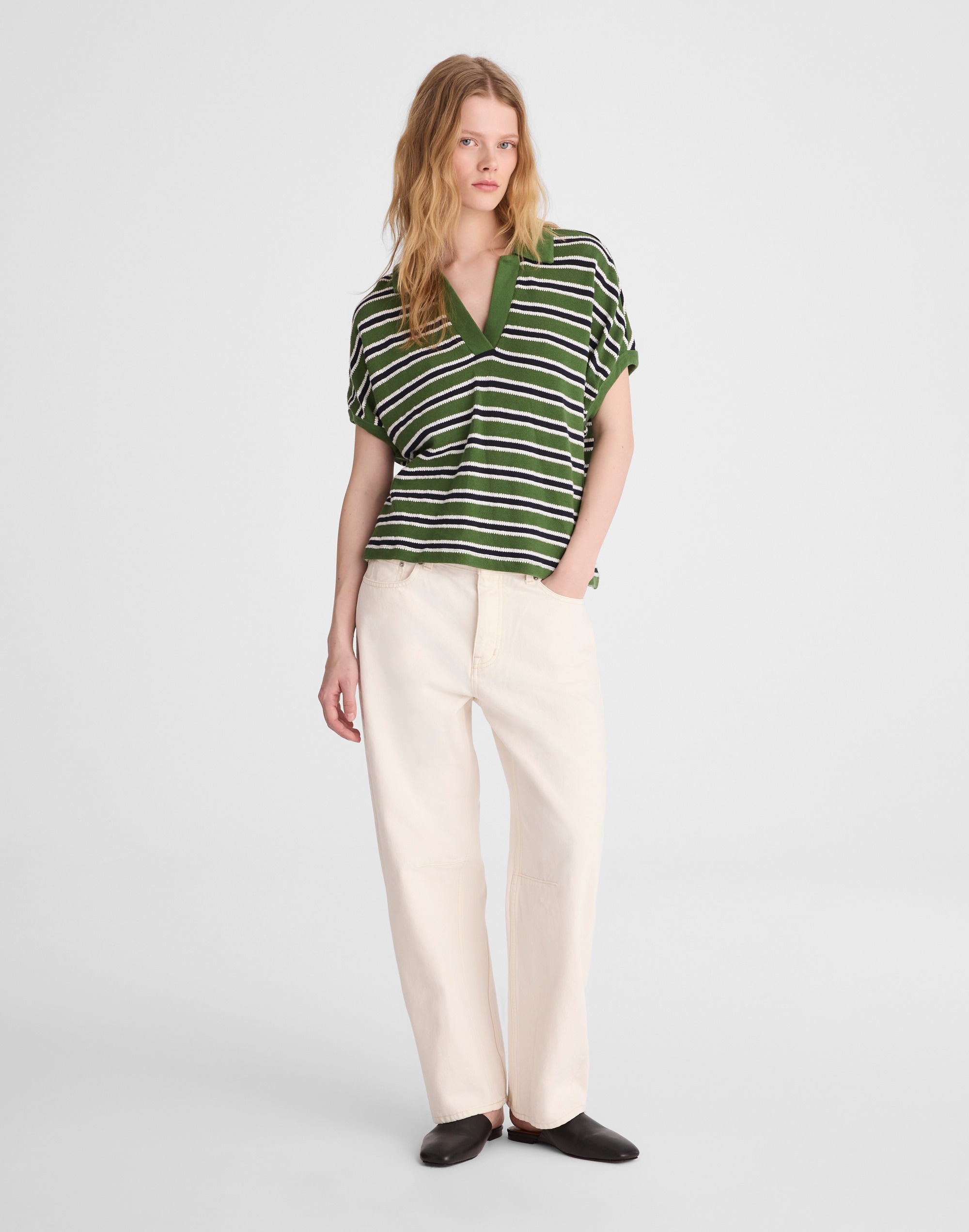 Relaxed V-Neck Polo Shirt in Stripe