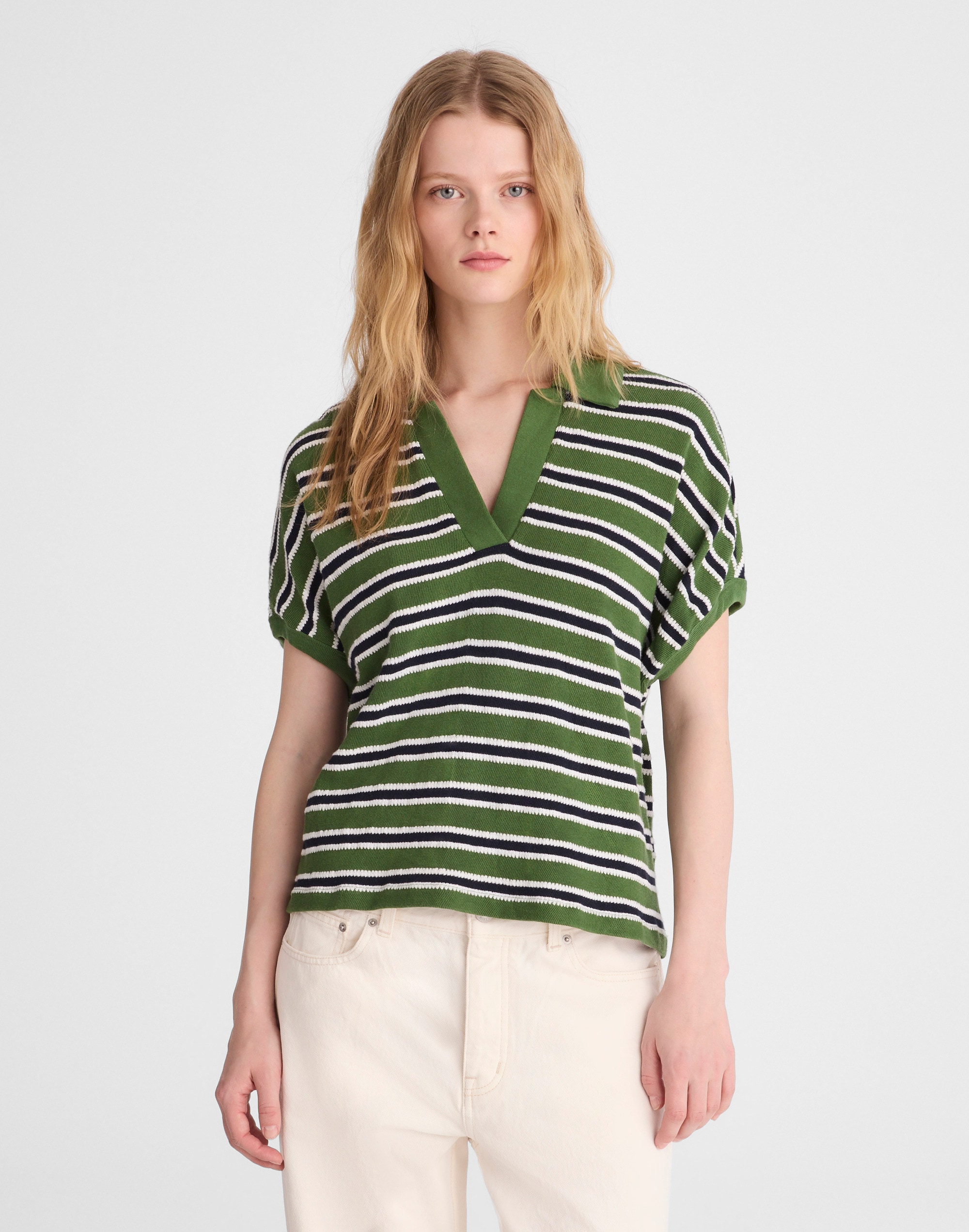 Relaxed V-Neck Polo Shirt in Stripe