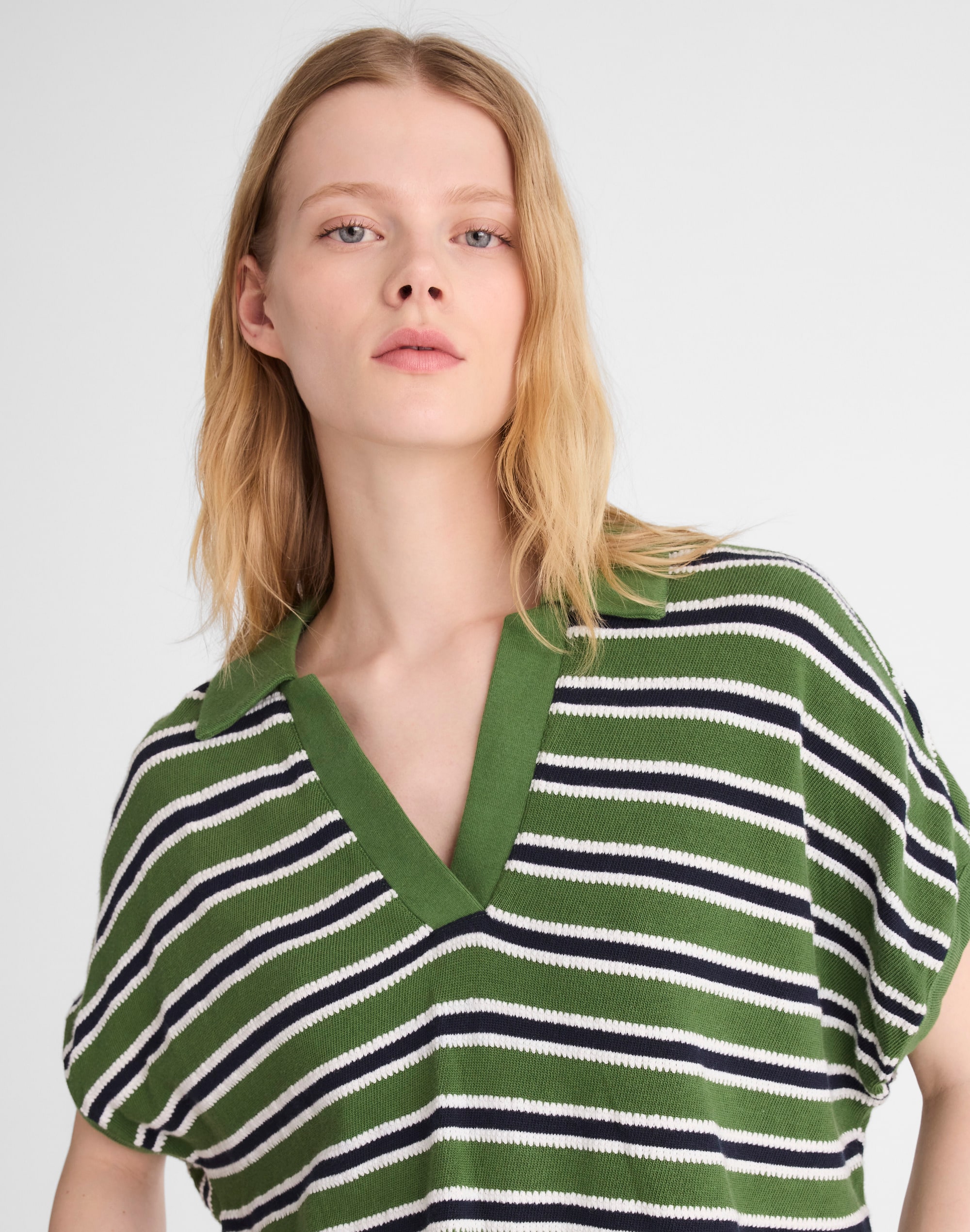 Relaxed V-Neck Polo Shirt in Stripe
