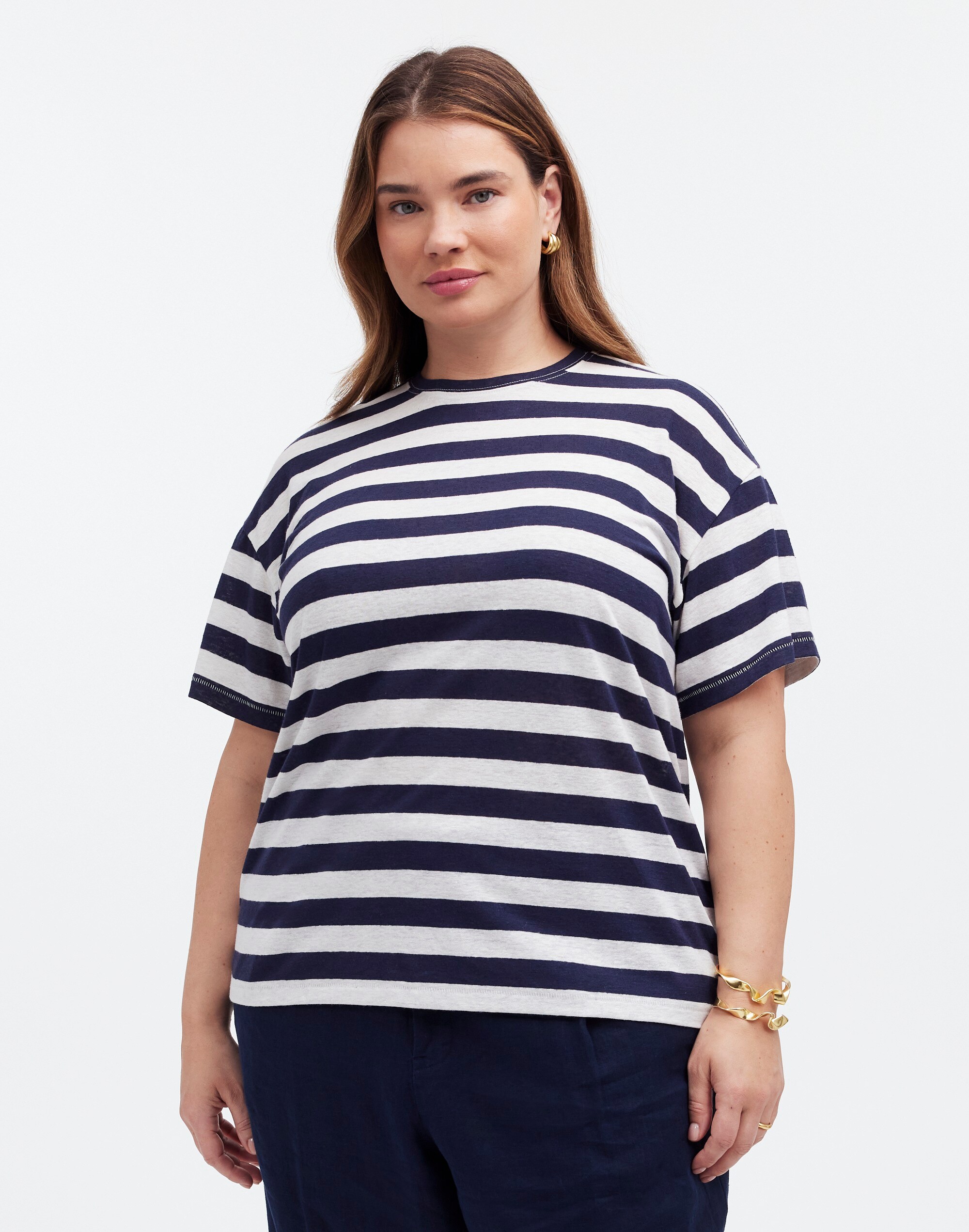 Plus Linen-Blend Crewneck Oversized Tee