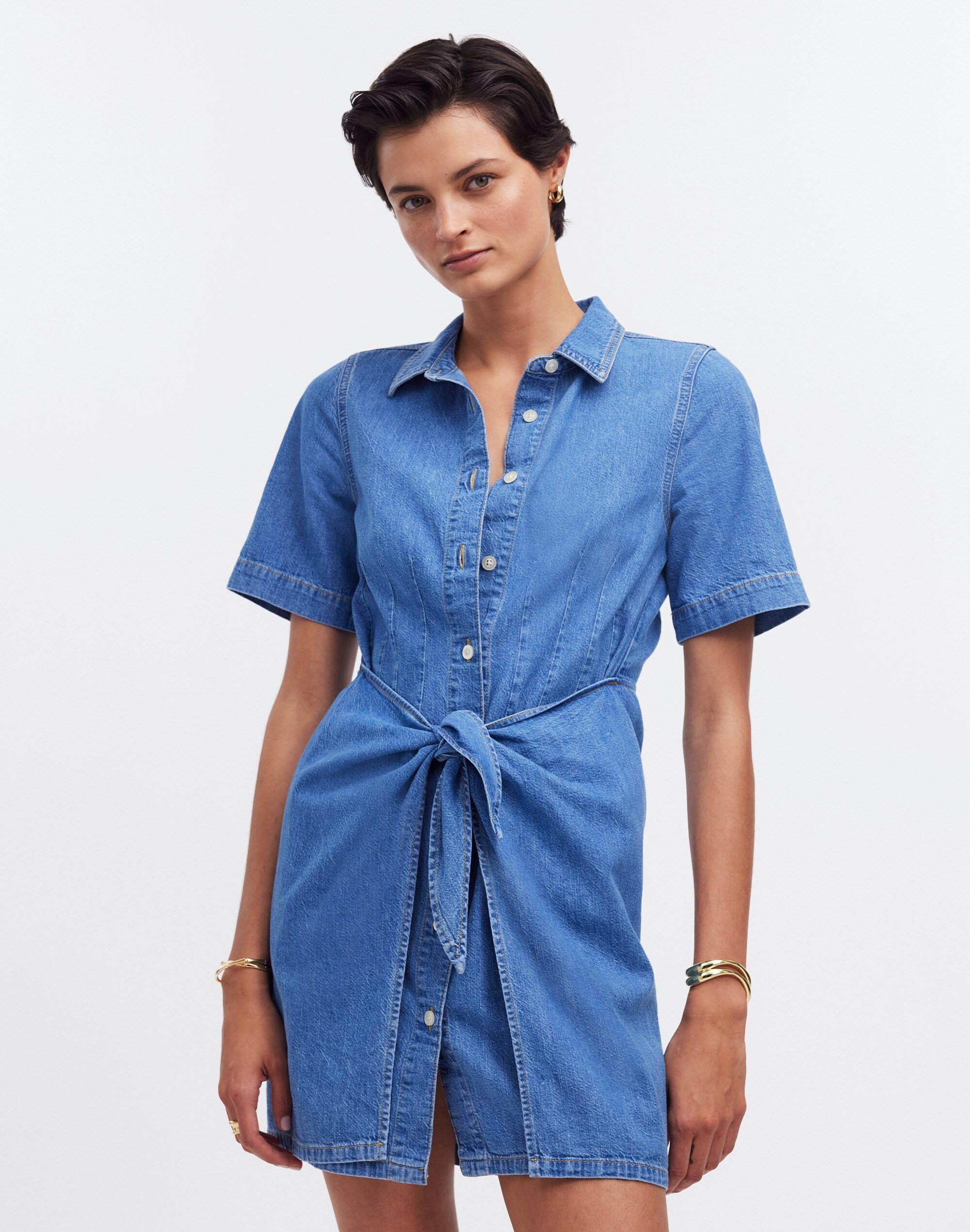 Denim Overlay Mini Shirtdress in Caulk Wash