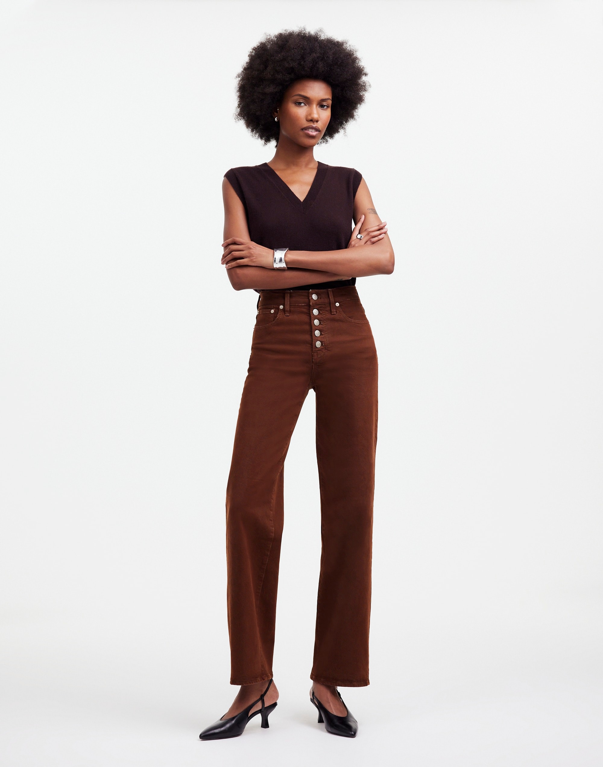 The Perfect Vintage Wide-Leg Jean in Dark Coffee: Button-Front Edition