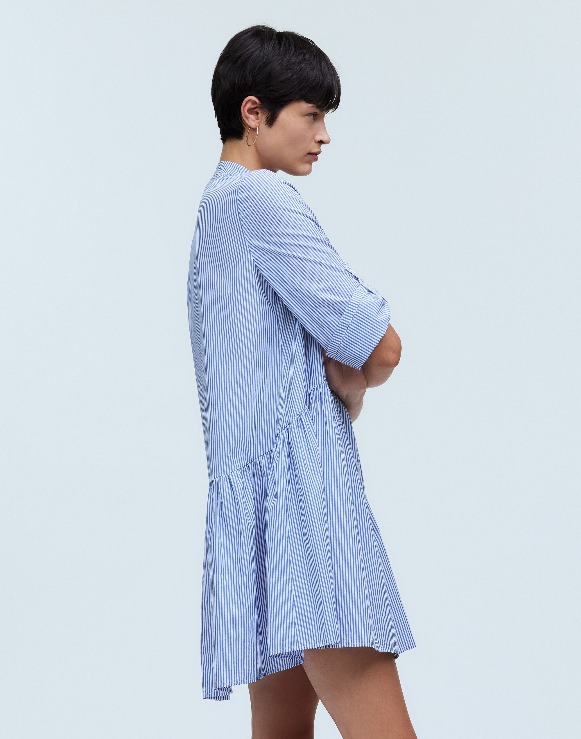 Button-Front Gathered Mini Dress in Stripe Poplin