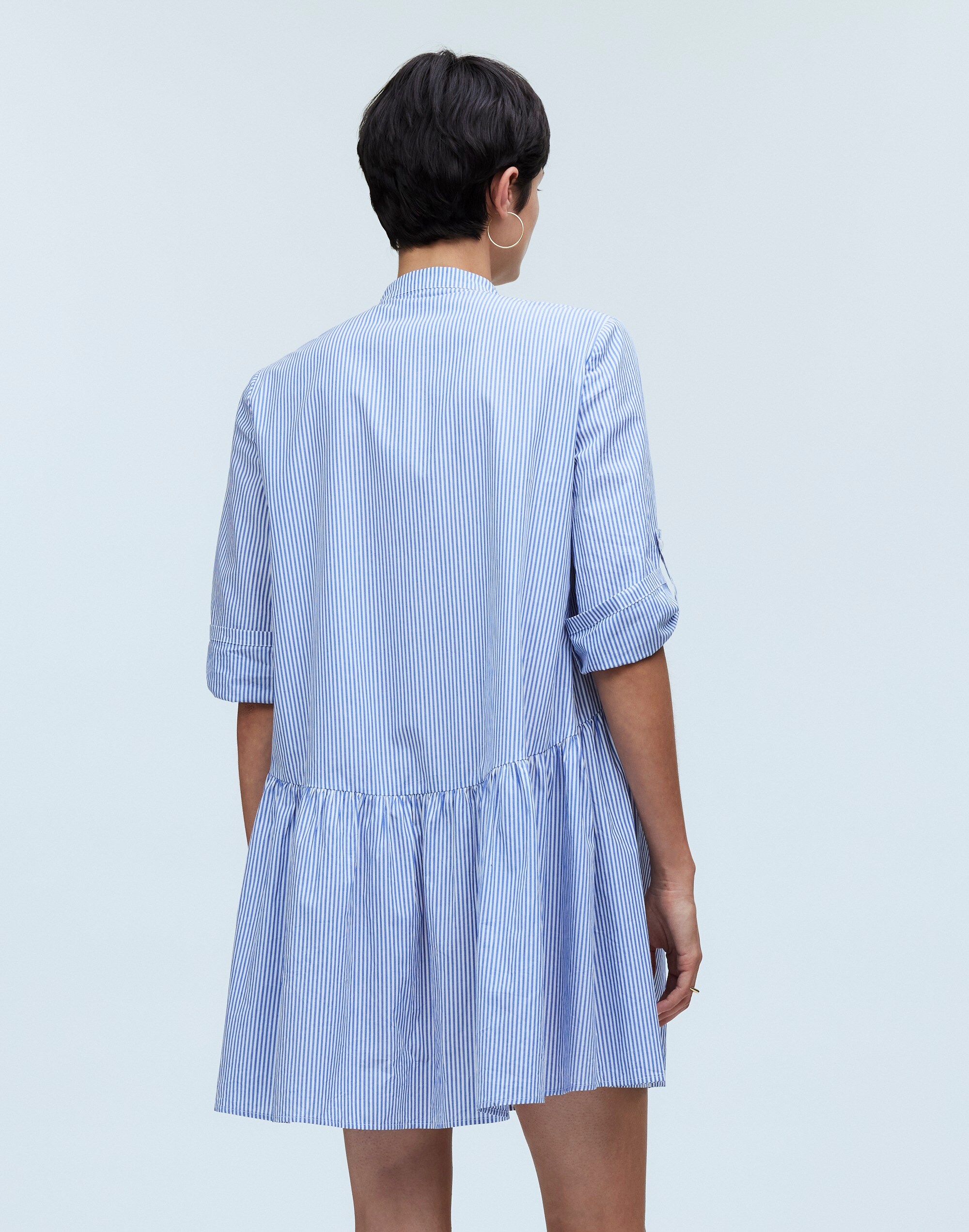 Button-Front Gathered Mini Dress in Stripe Poplin