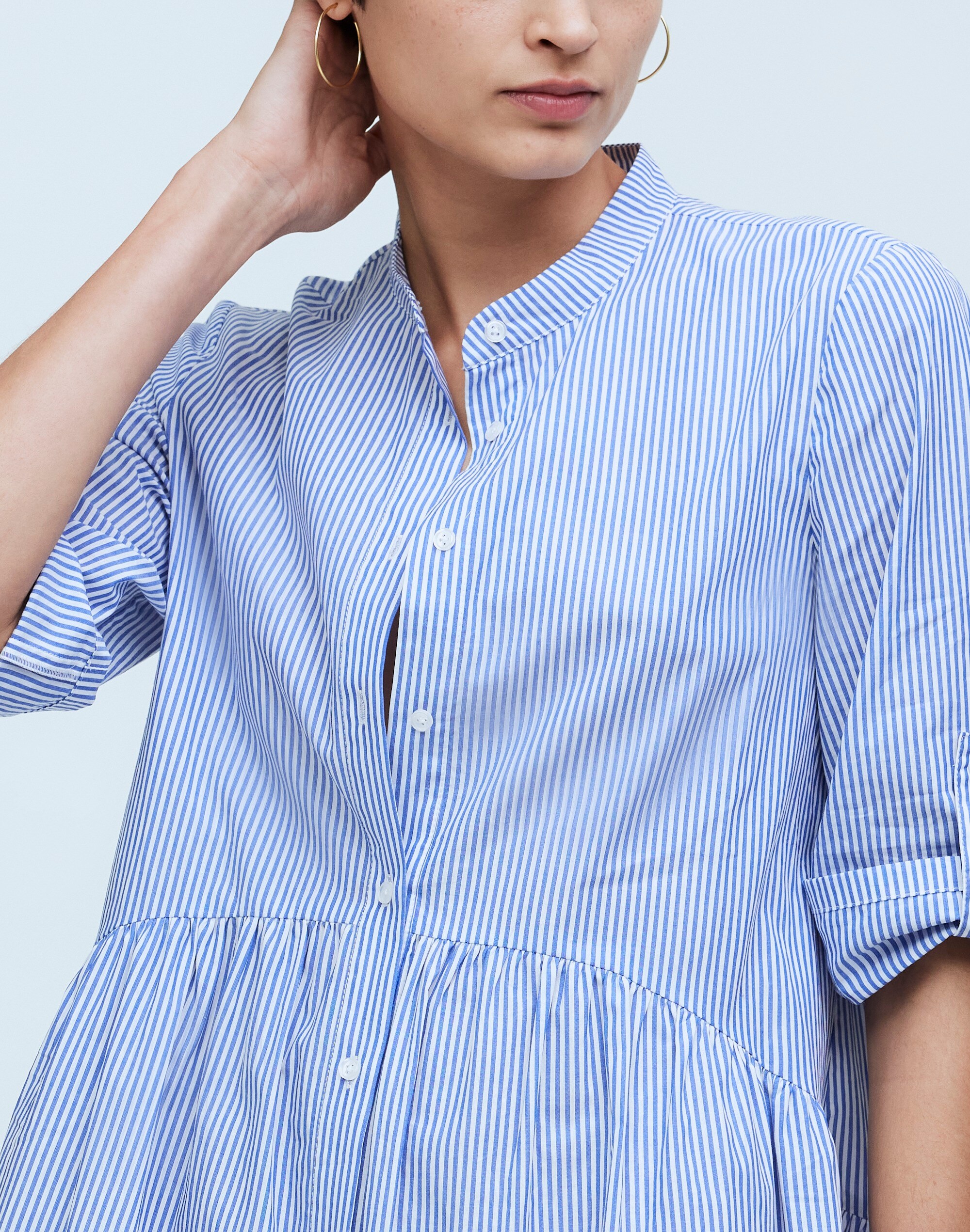 Button-Front Gathered Mini Dress in Stripe Poplin