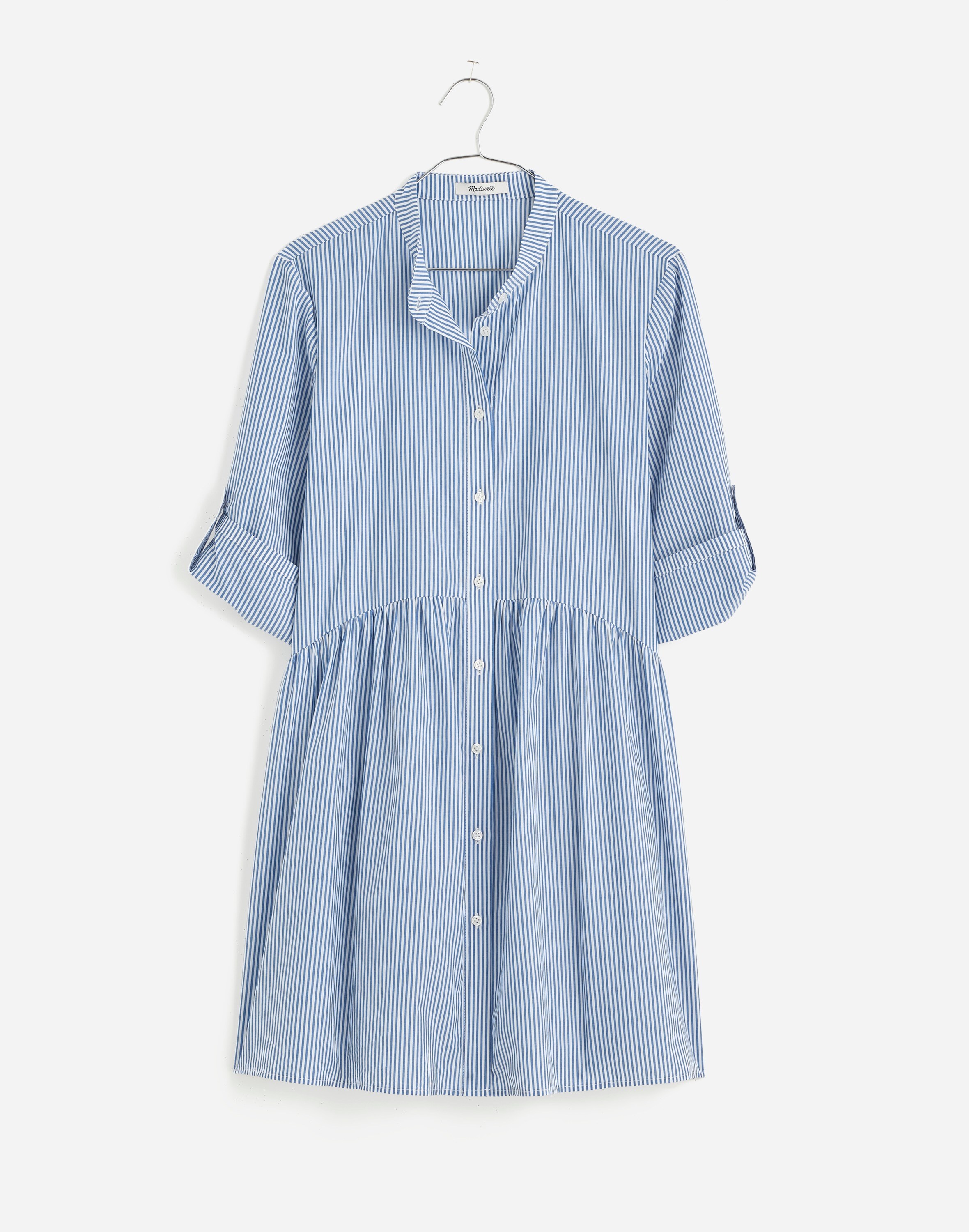 Button-Front Gathered Mini Dress in Stripe Poplin