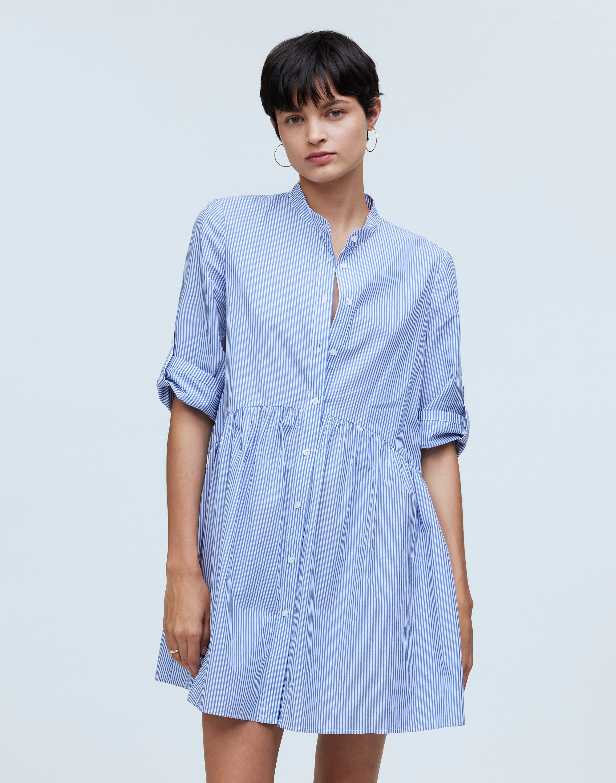 Button-Front Gathered Mini Dress in Stripe Poplin