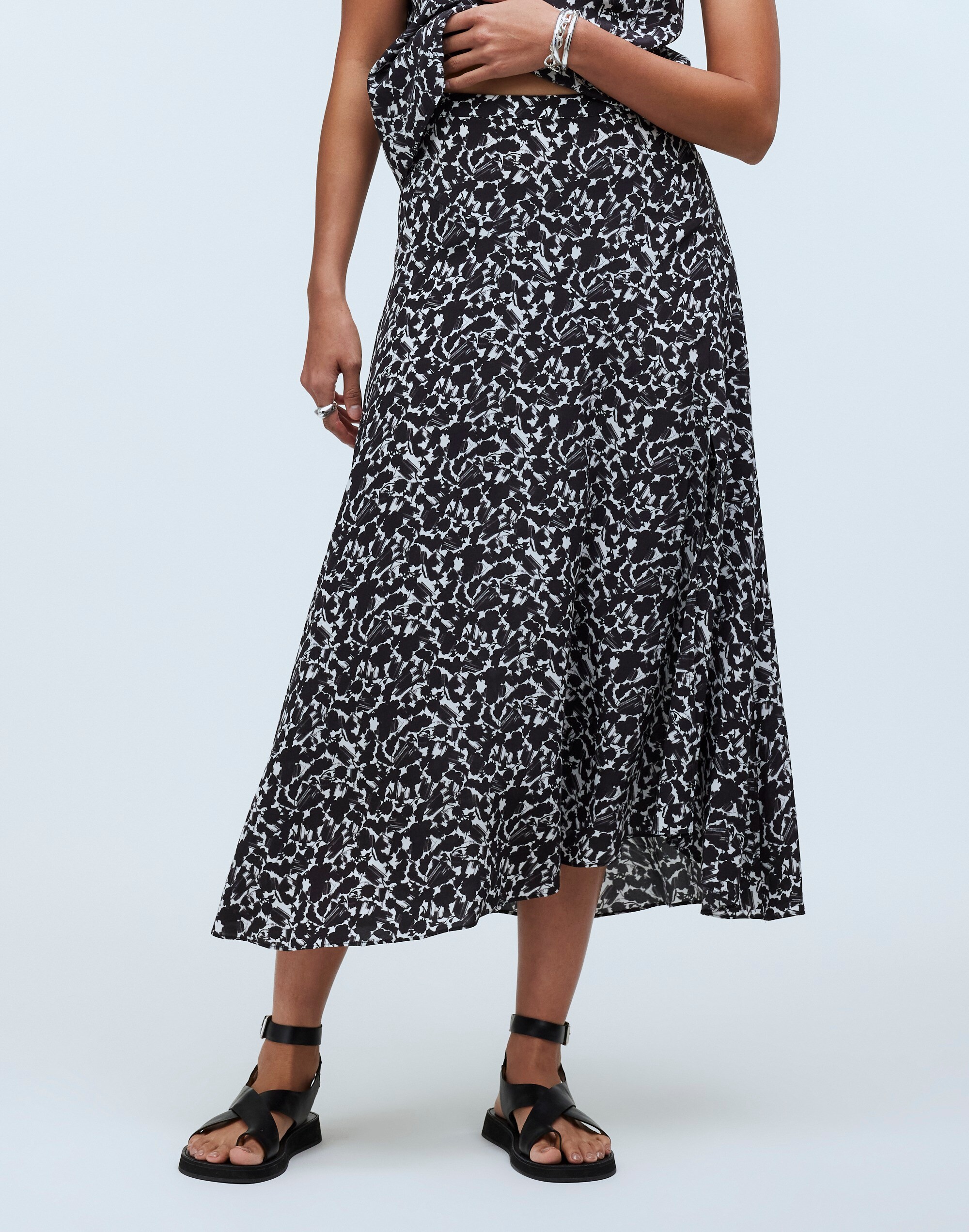 Side-Slit Midi Skirt in Floral Crepe