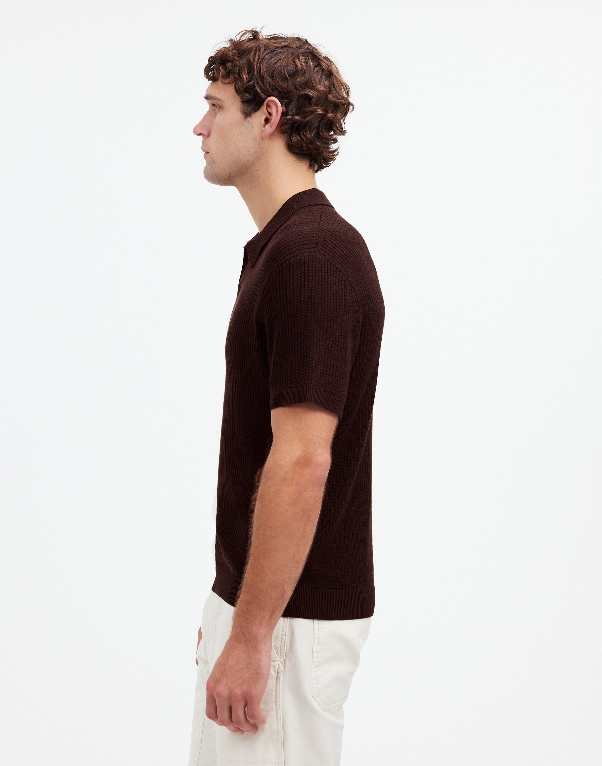 Open-Stitch Johnny-Collar Sweater Polo Shirt in roasted espresso image 3