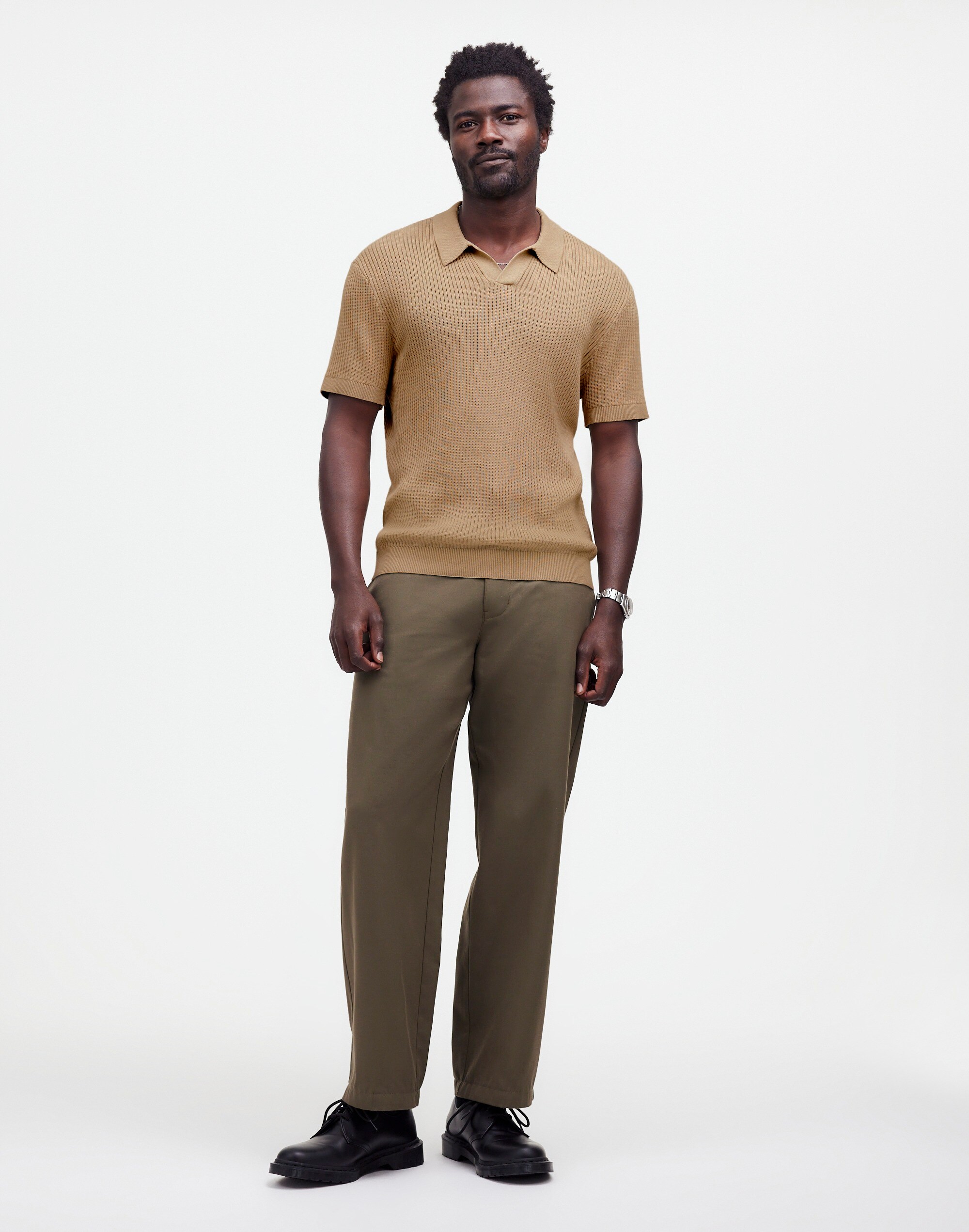 Open-Stitch Johnny-Collar Sweater Polo Shirt in faded khaki image 2