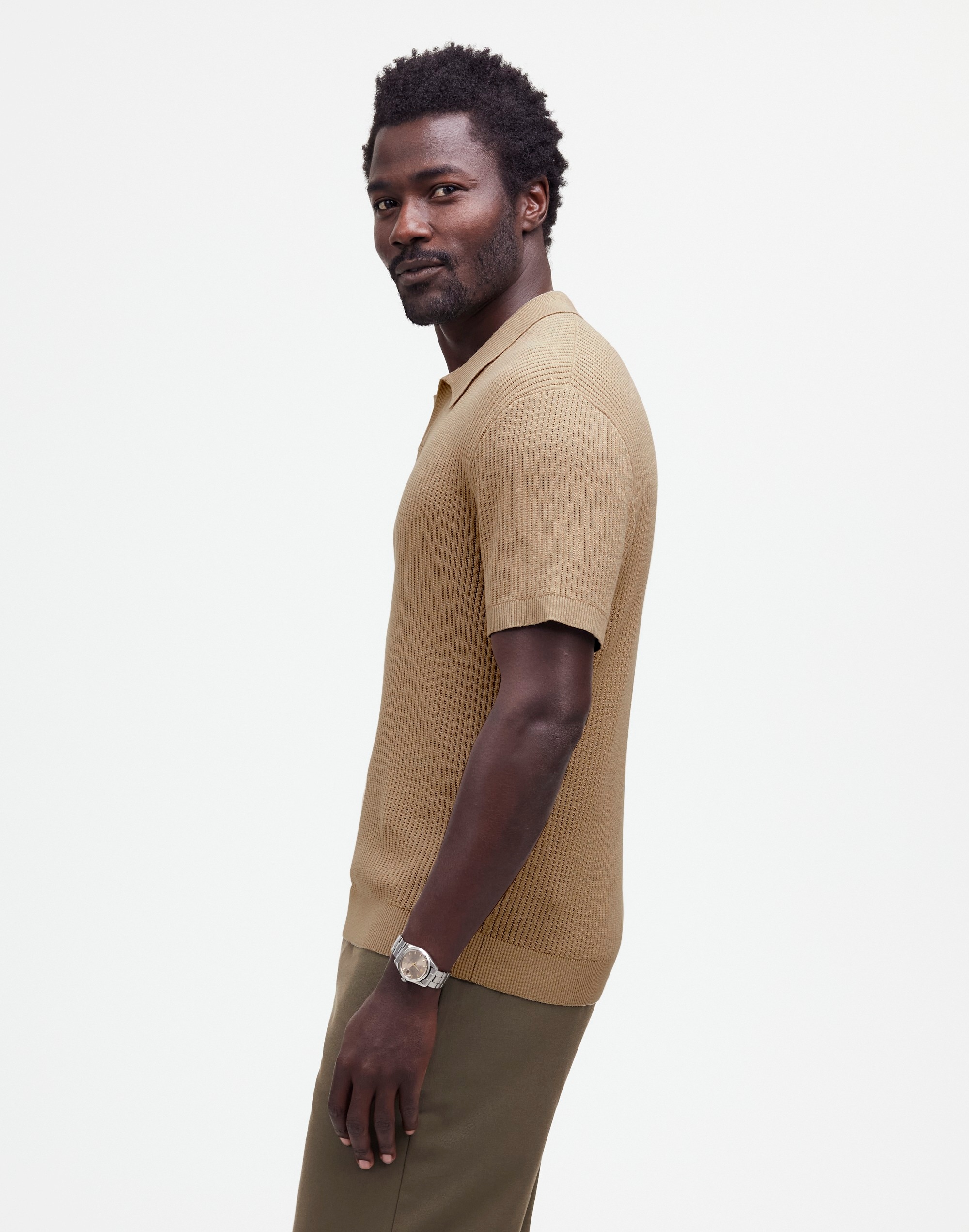 Open-Stitch Johnny-Collar Sweater Polo Shirt in faded khaki image 3