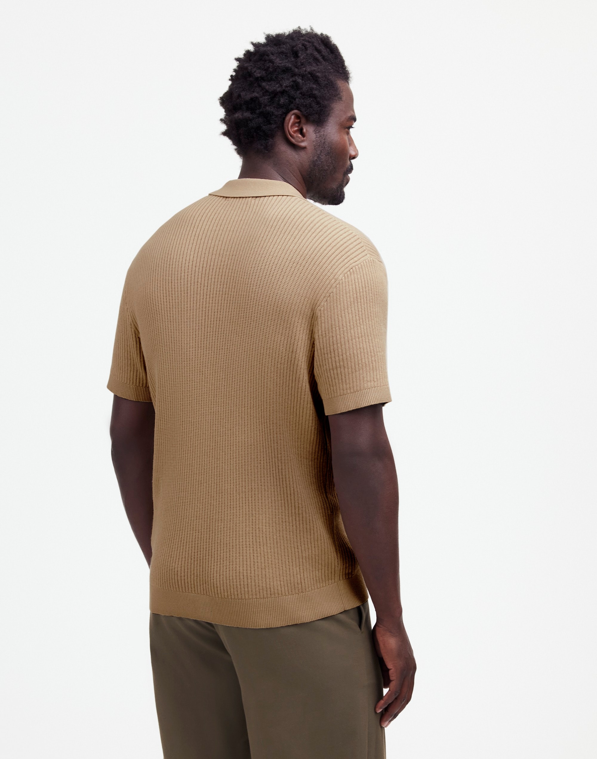 Open-Stitch Johnny-Collar Sweater Polo Shirt in faded khaki image 4