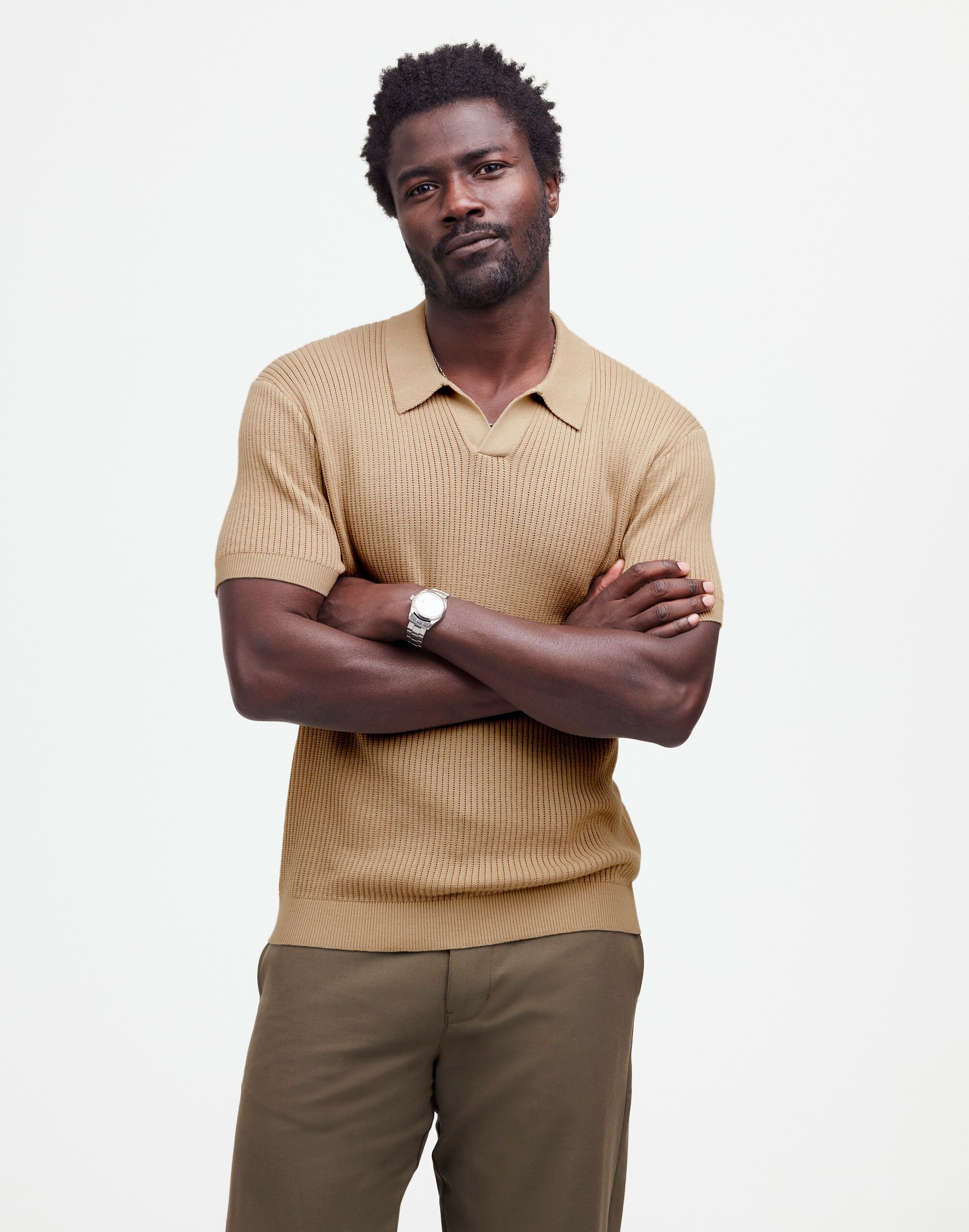 Open-Stitch Johnny-Collar Sweater Polo Shirt in faded khaki image 1