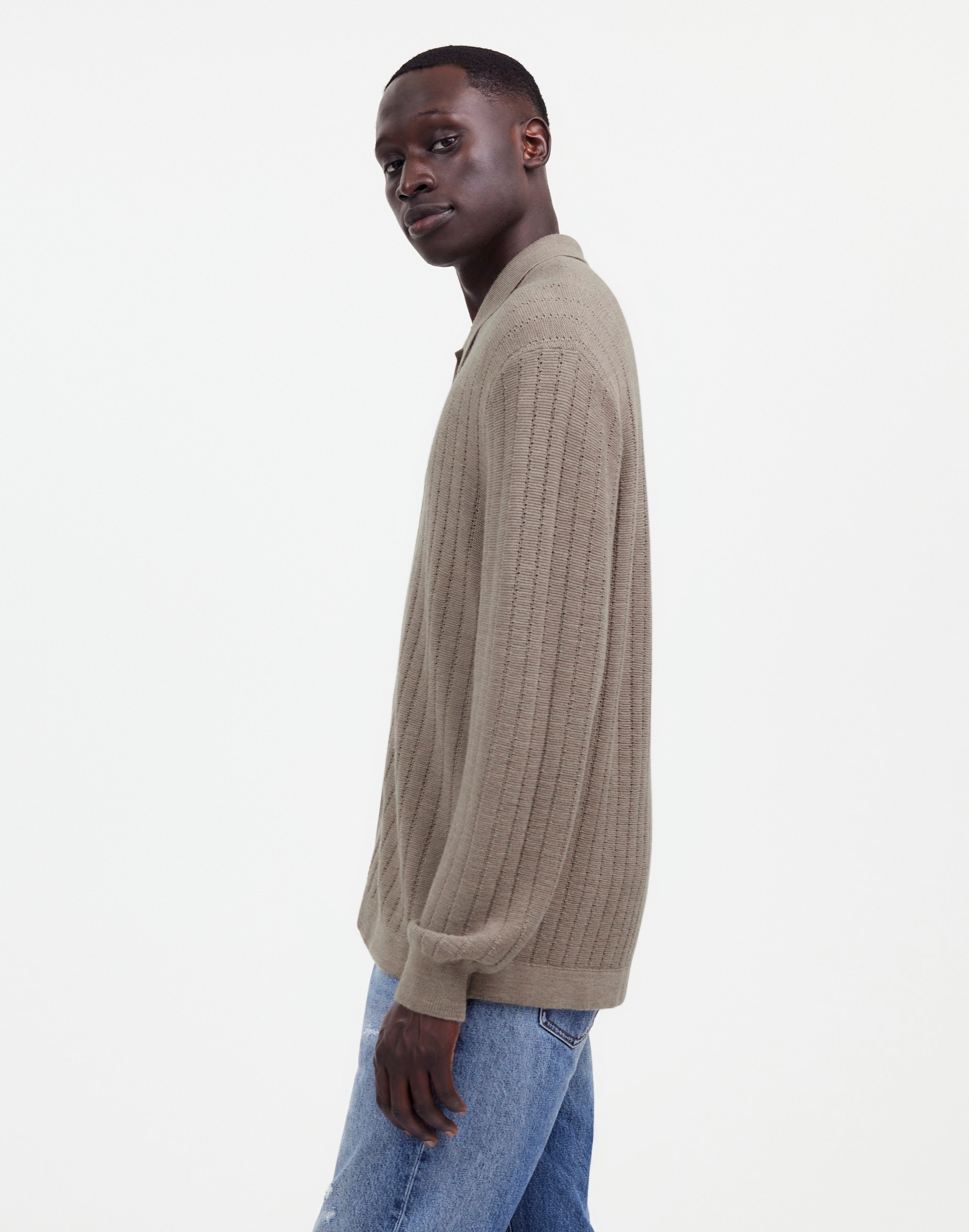 Button-Up Long-Sleeve Polo Shirt in Merino Wool