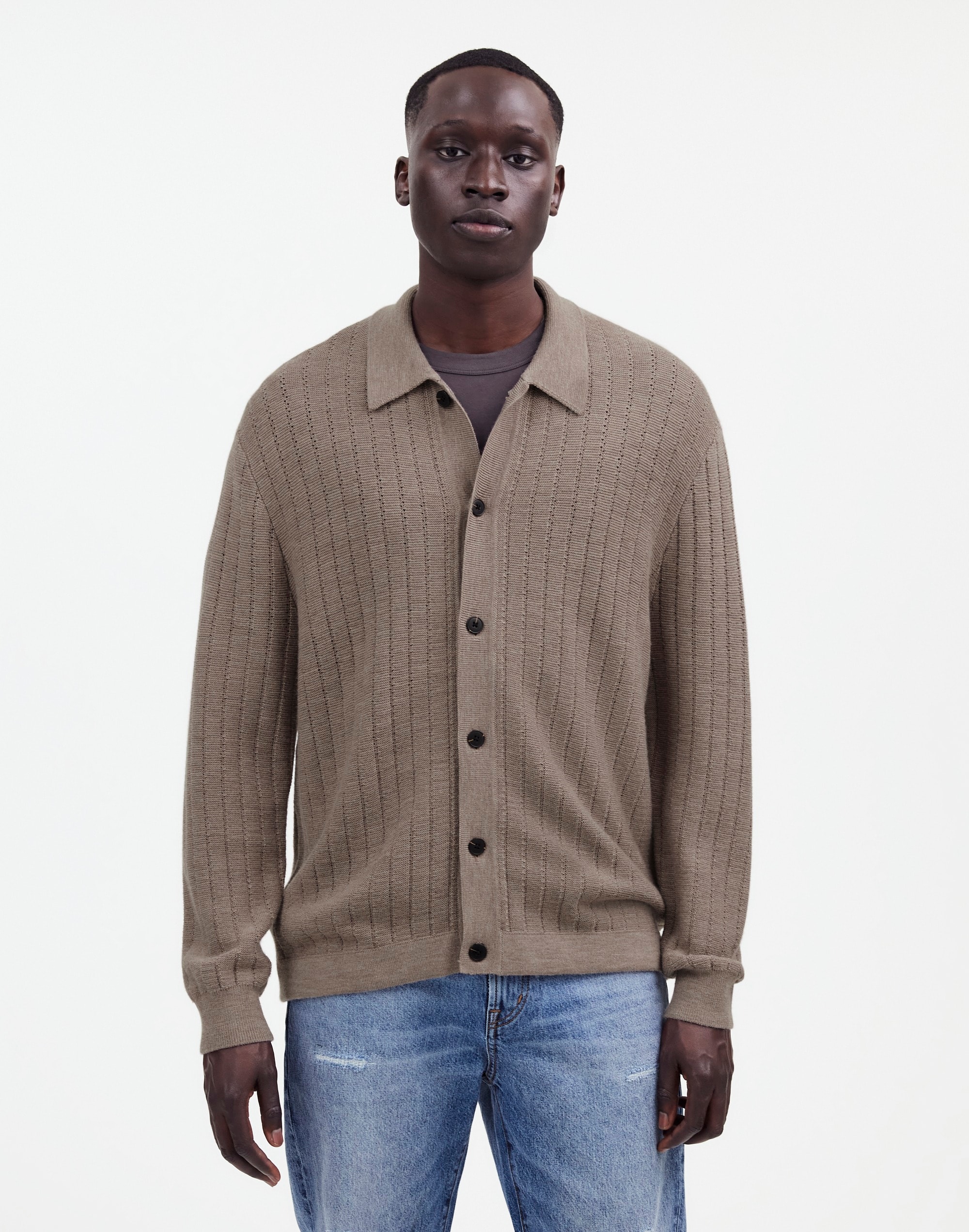 Button-Up Long-Sleeve Polo Shirt in Merino Wool