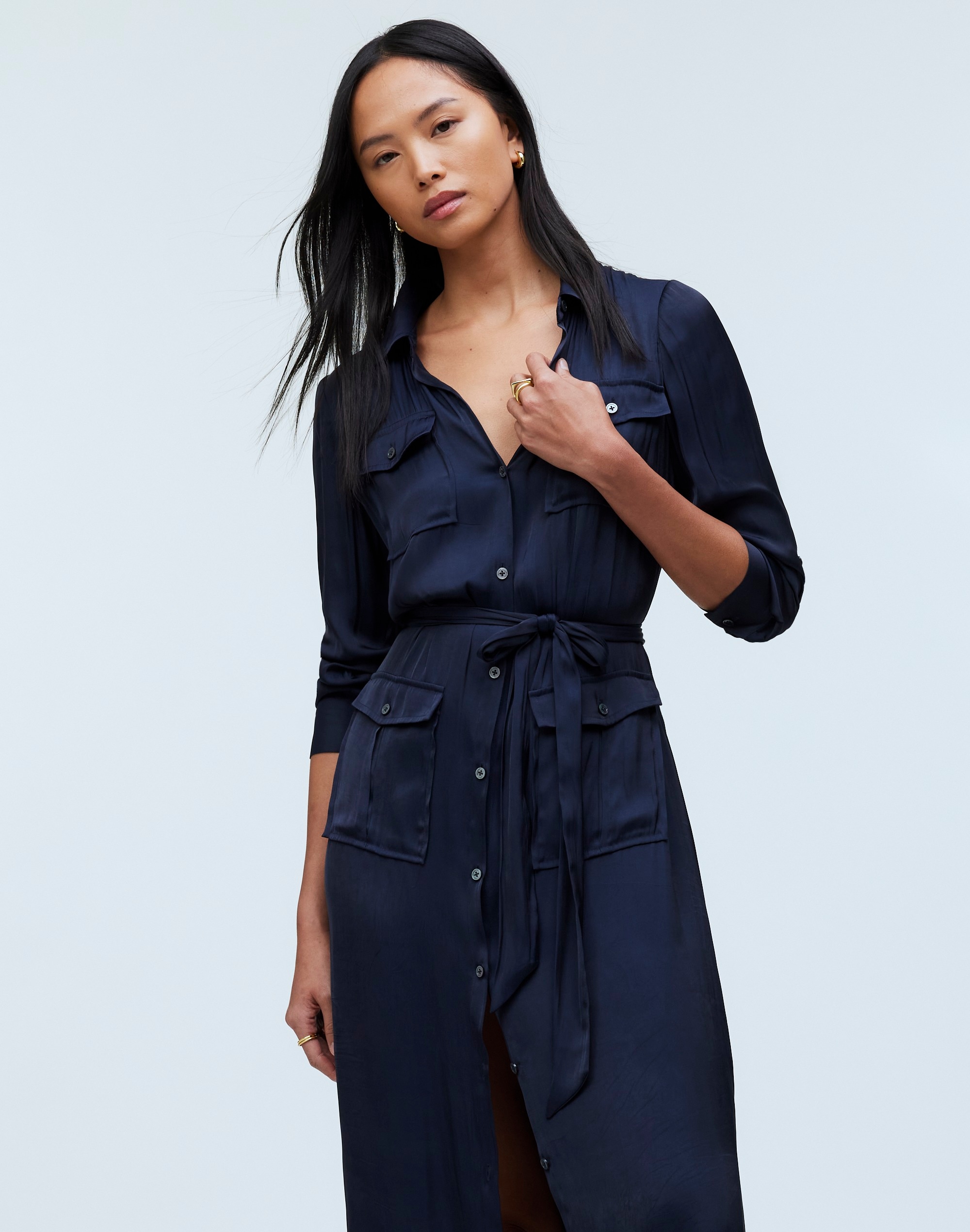 Button-Front Utility Shirtdress in Satin
