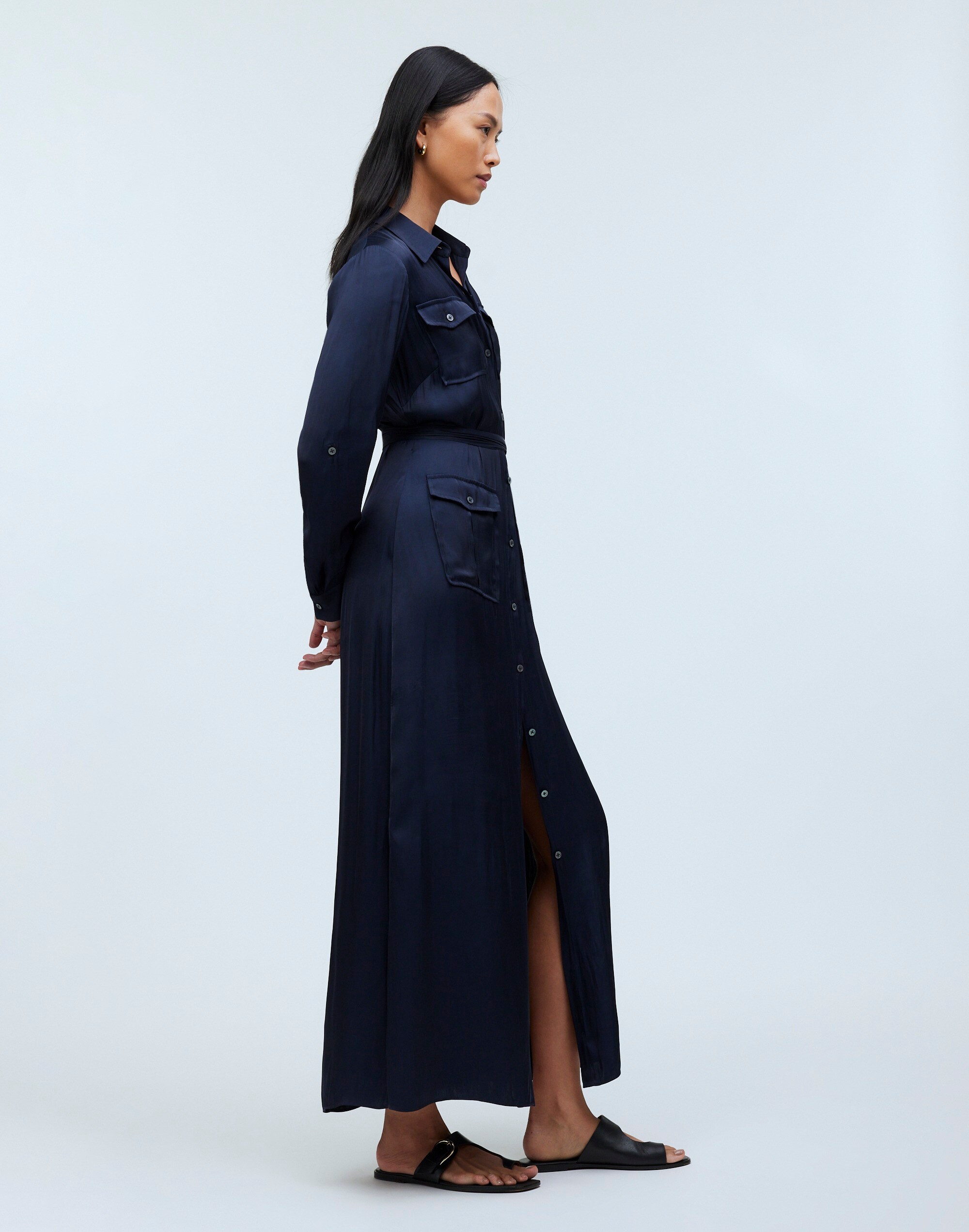 Button-Front Utility Shirtdress in Satin