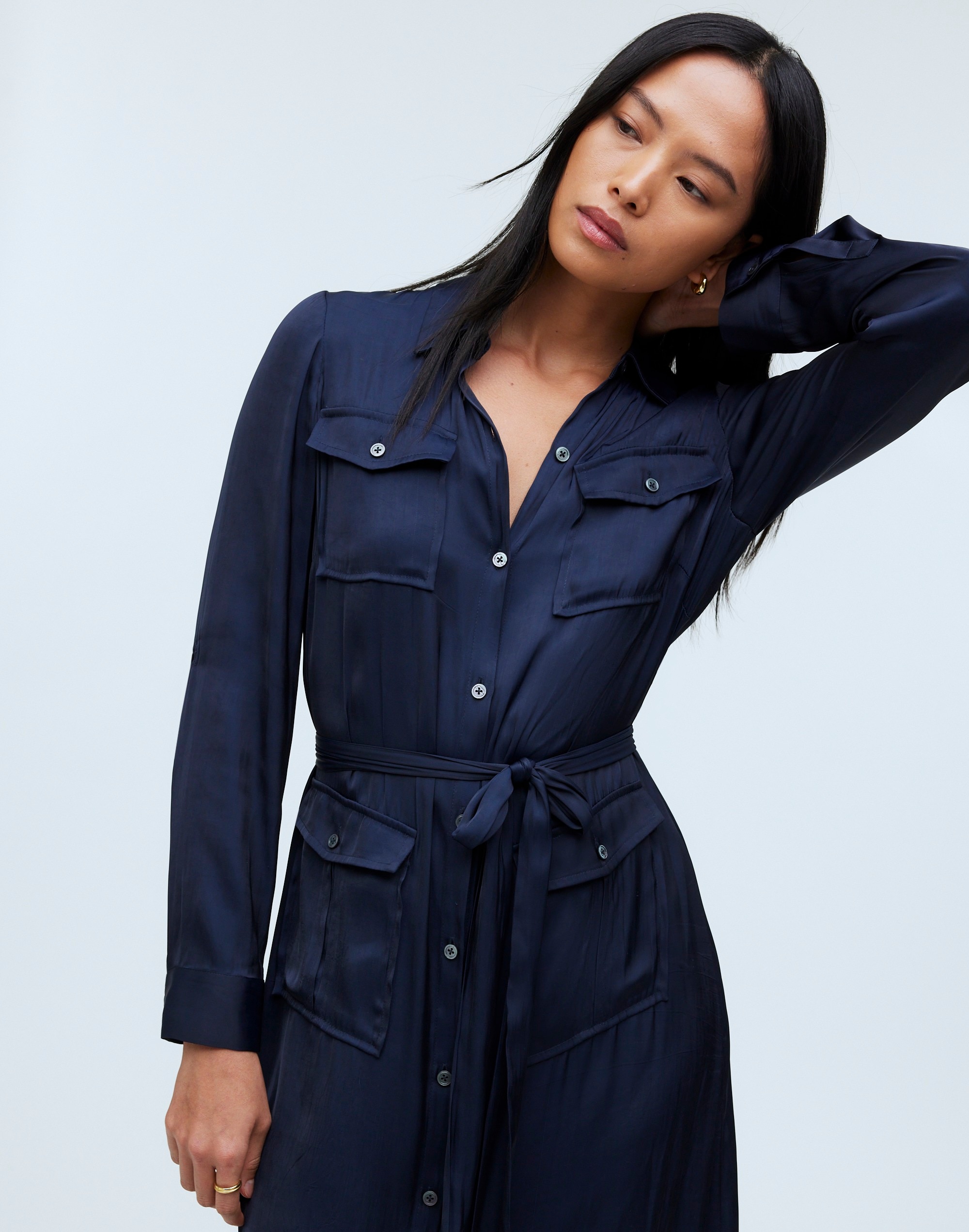 Button-Front Utility Shirtdress in Satin