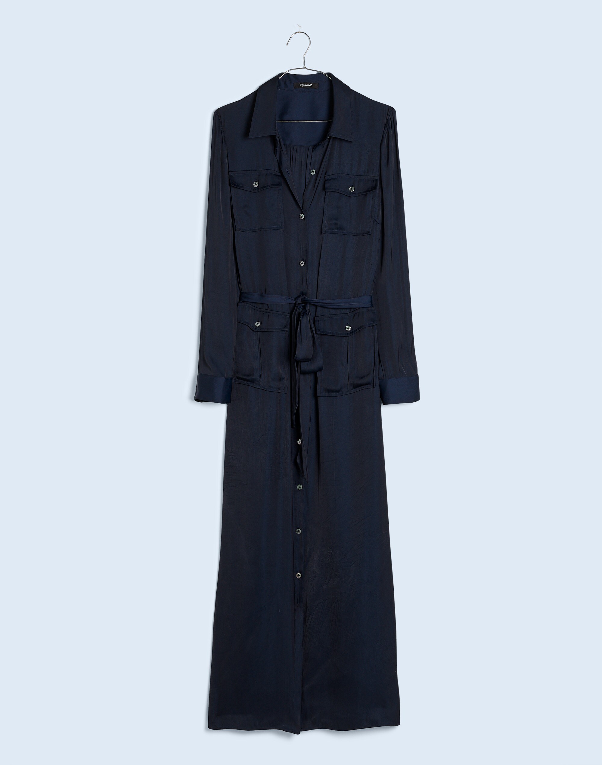 Button-Front Utility Shirtdress in Satin