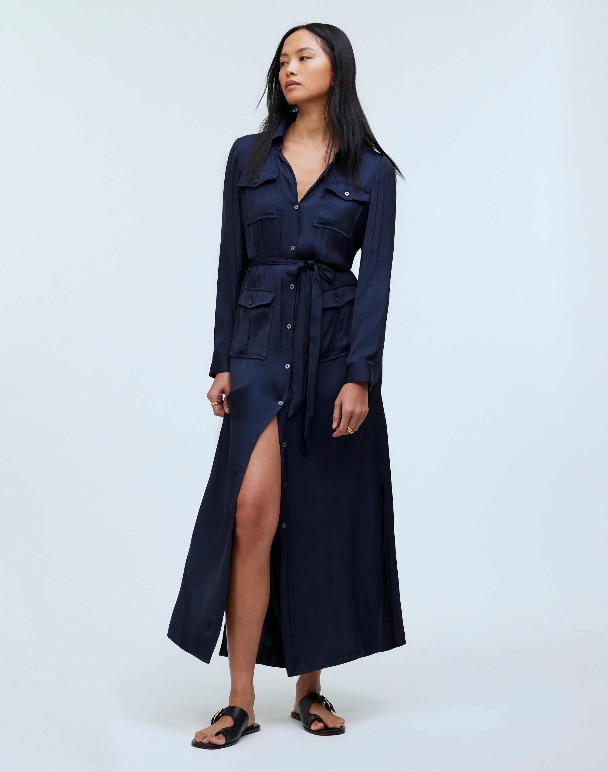 Button-Front Utility Shirtdress in Satin