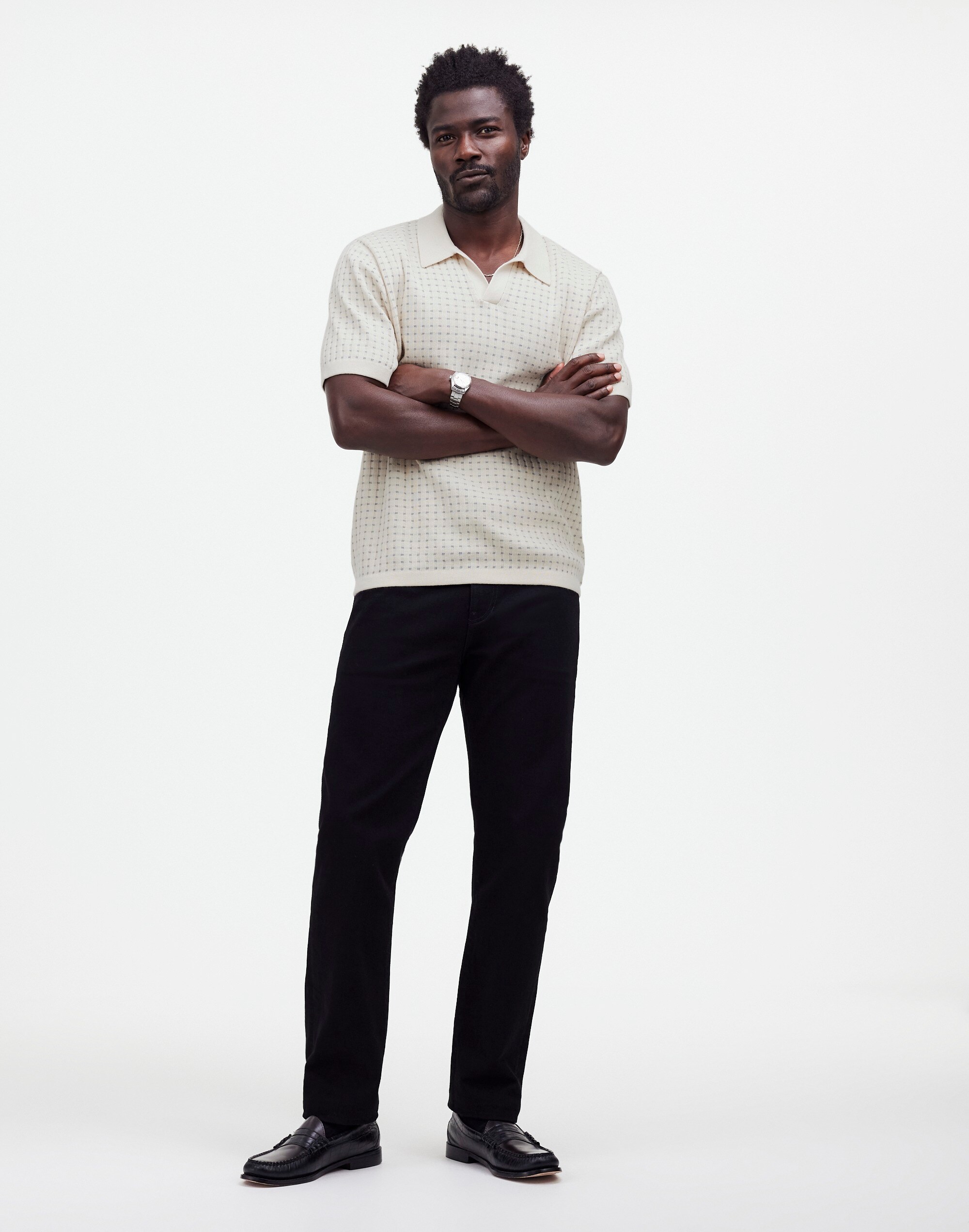 Johnny-Collar Sweater Polo Shirt in Textured Stripe in vintage linen image 2