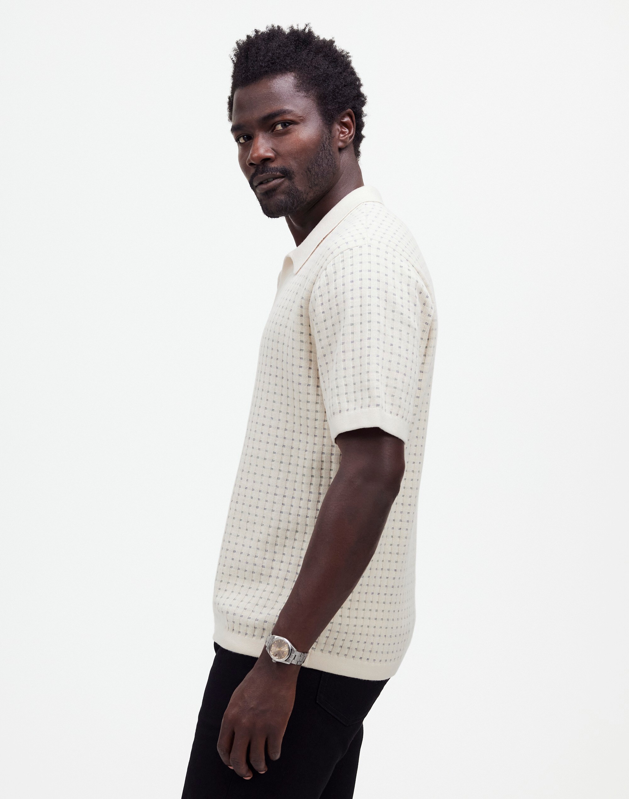 Johnny-Collar Sweater Polo Shirt in Textured Stripe in vintage linen image 3