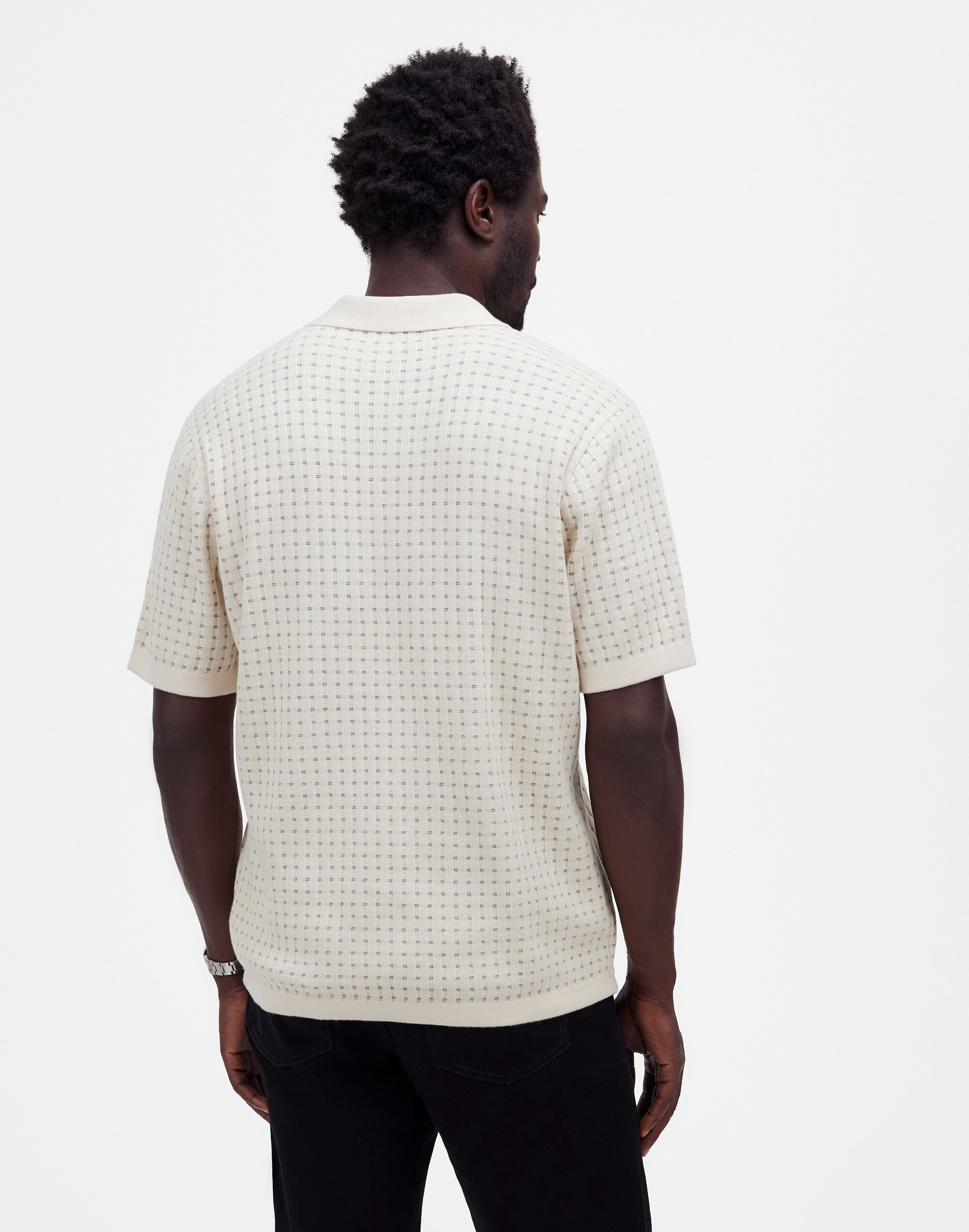 Johnny-Collar Sweater Polo Shirt in Textured Stripe in vintage linen image 4