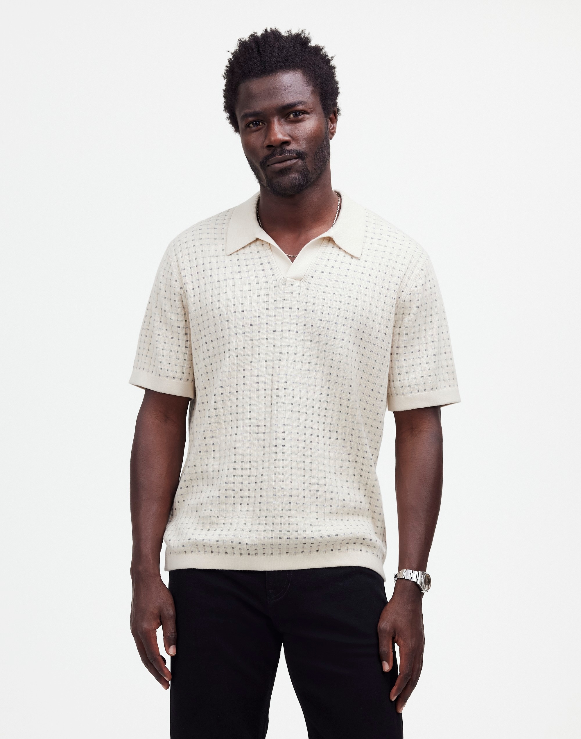 Johnny-Collar Sweater Polo Shirt in Textured Stripe in vintage linen image 1