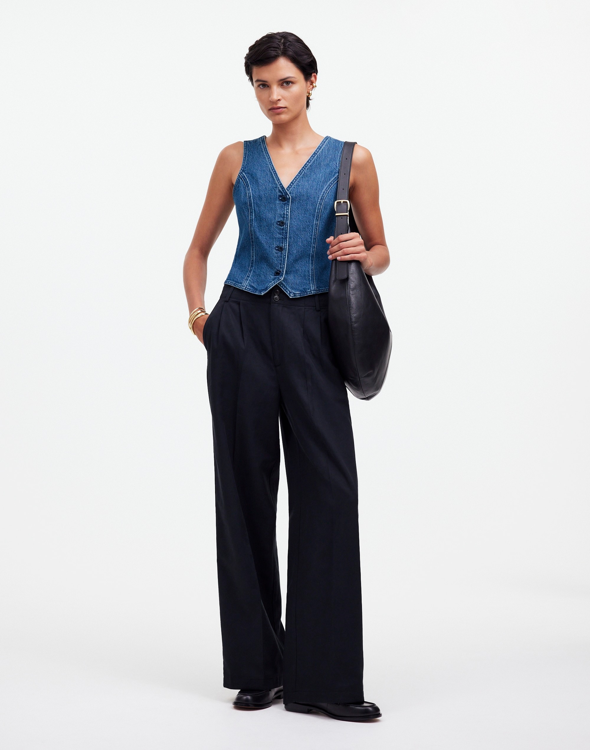 Denim Fitted Vest in Medium Indigo Wash