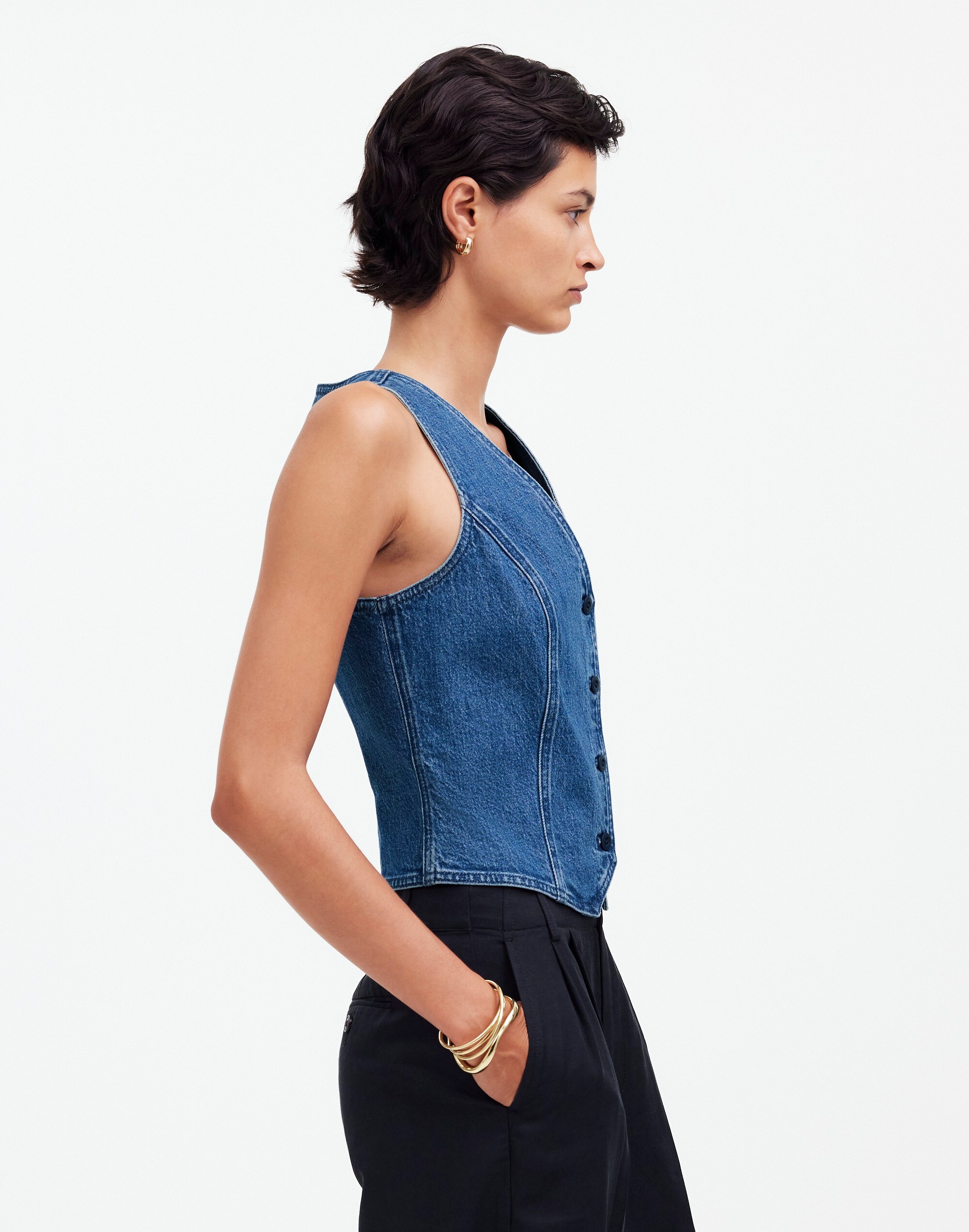 Denim Fitted Vest in Medium Indigo Wash