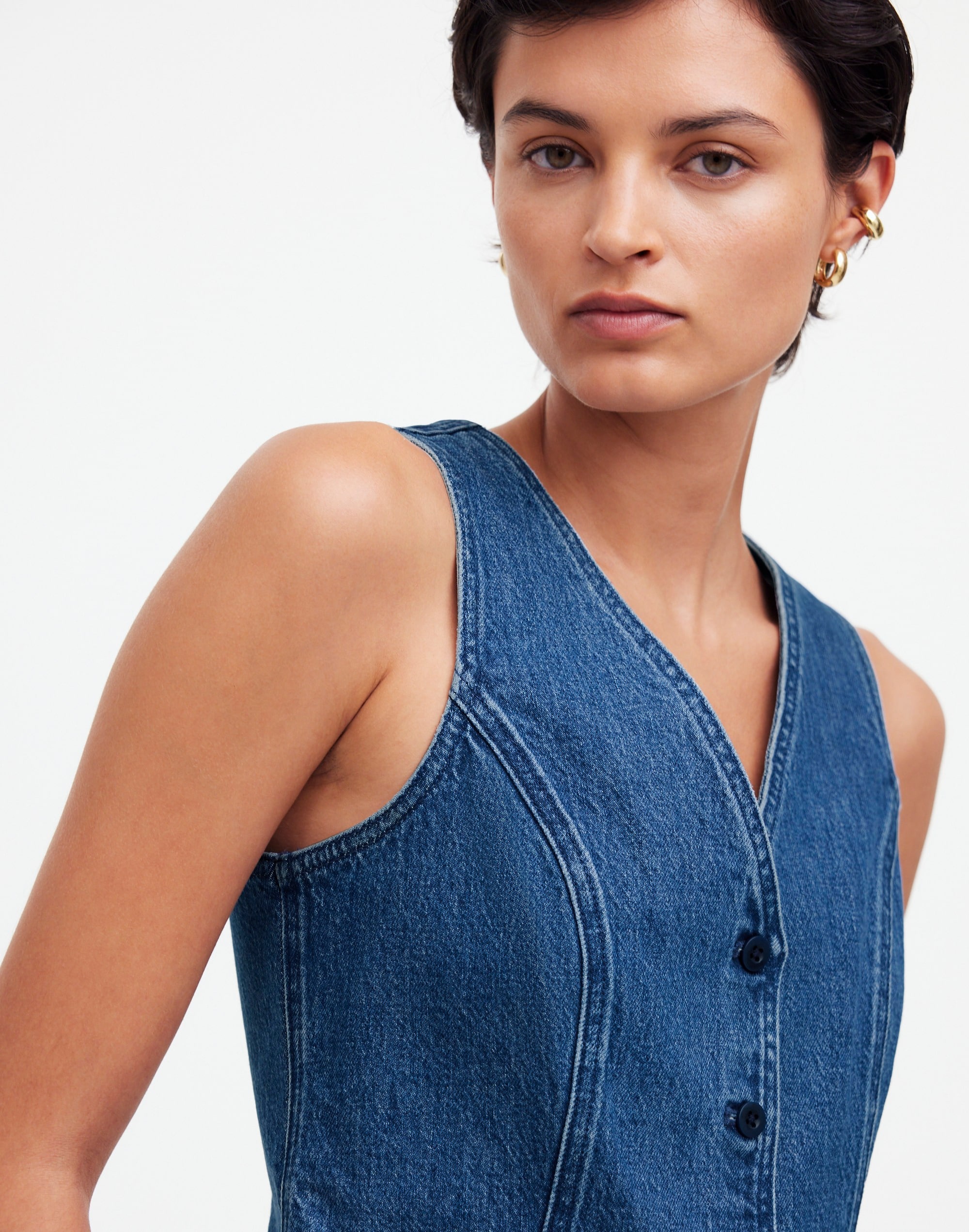 Denim Fitted Vest in Medium Indigo Wash