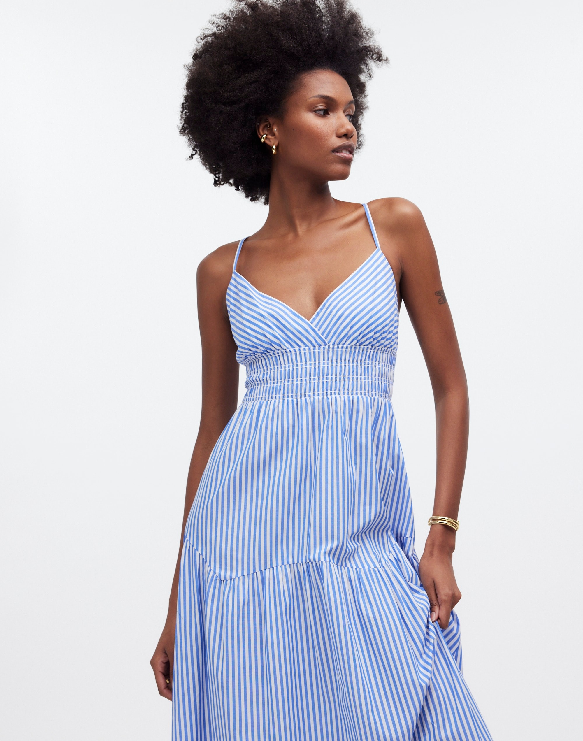Shop Mw Empire-waist Tiered Maxi Dress In Blue And White Stripe