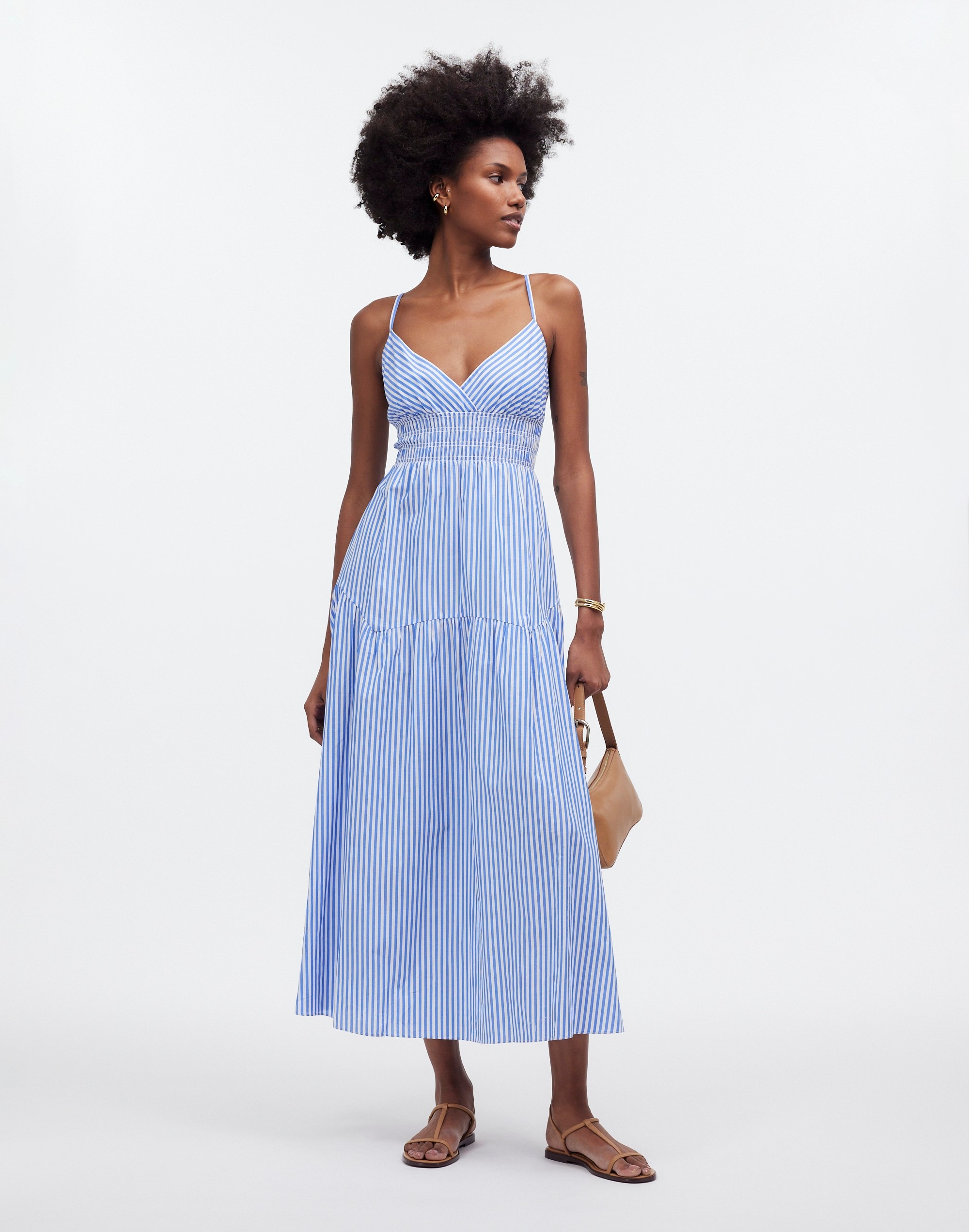 Mw Empire-waist Tiered Maxi Dress In Blue And White Stripe