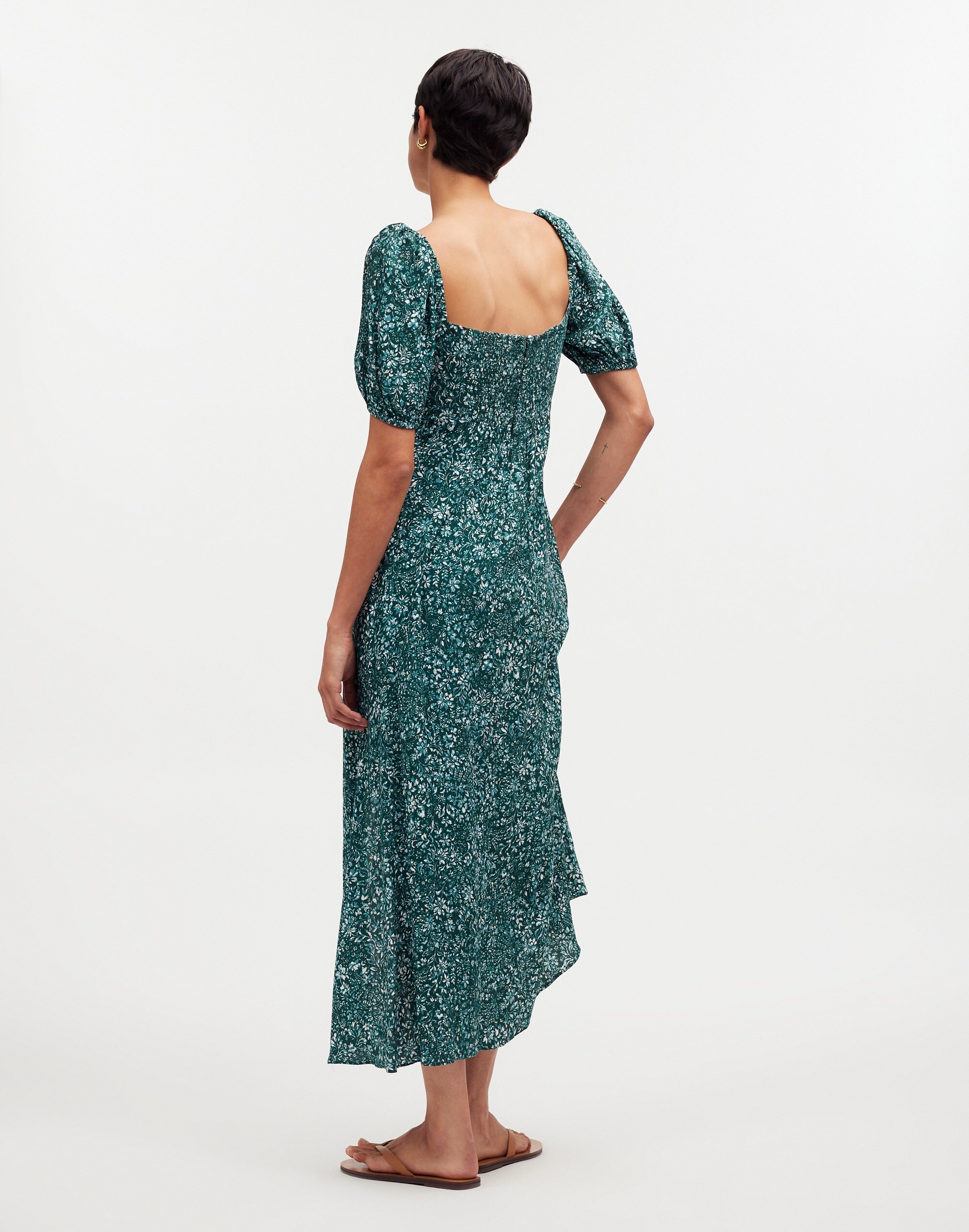 Puff-Sleeve Sweetheart Midi Dress in Floral