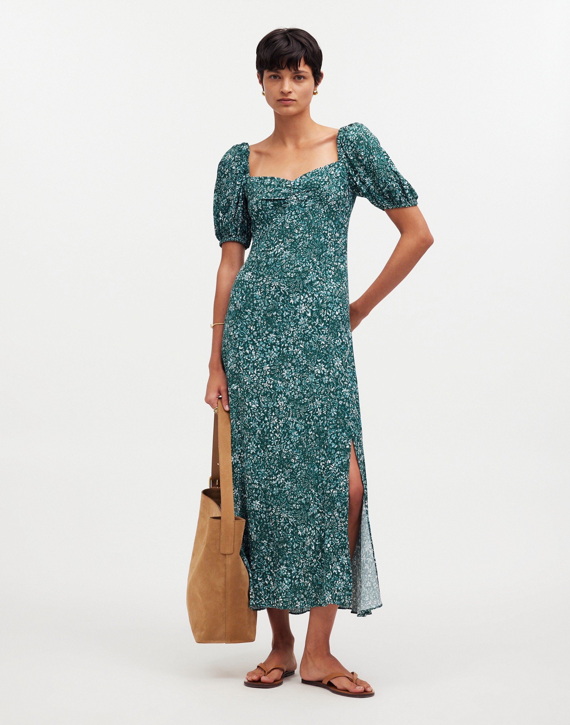 Madewell Puff-sleeve Sweetheart Midi Dress In Green Ditsy | ModeSens