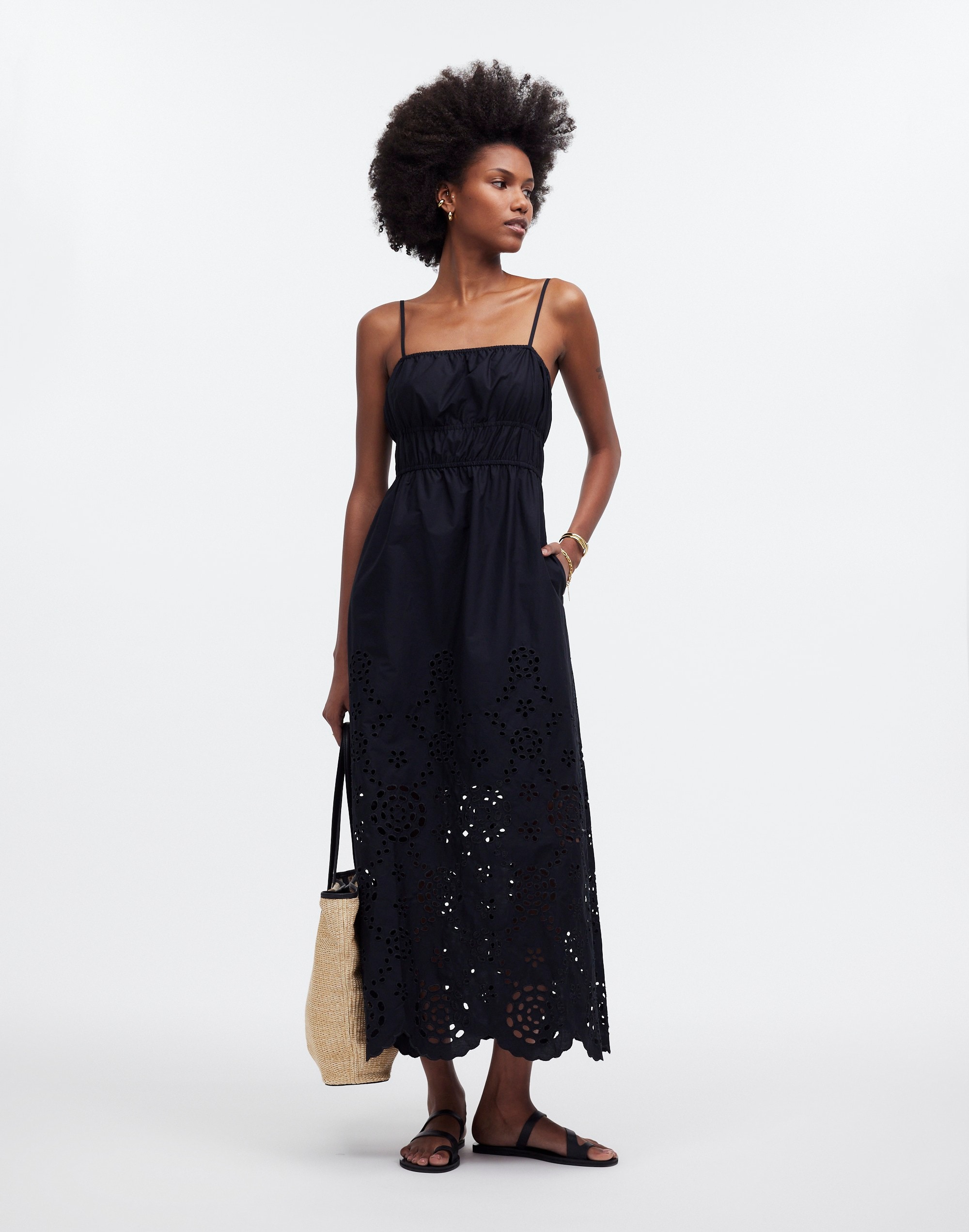 Embroidered Tank Midi Dress in Poplin in black image 1
