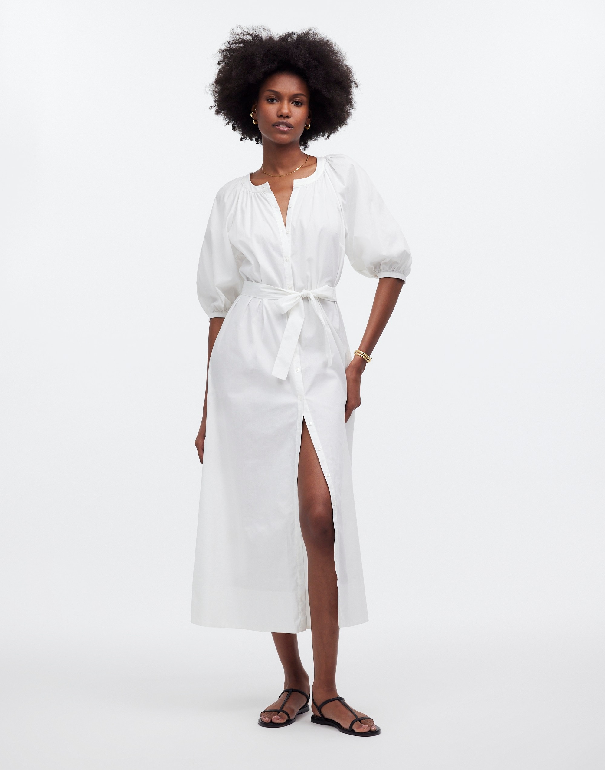 tie-waist button-front midi dress in poplin