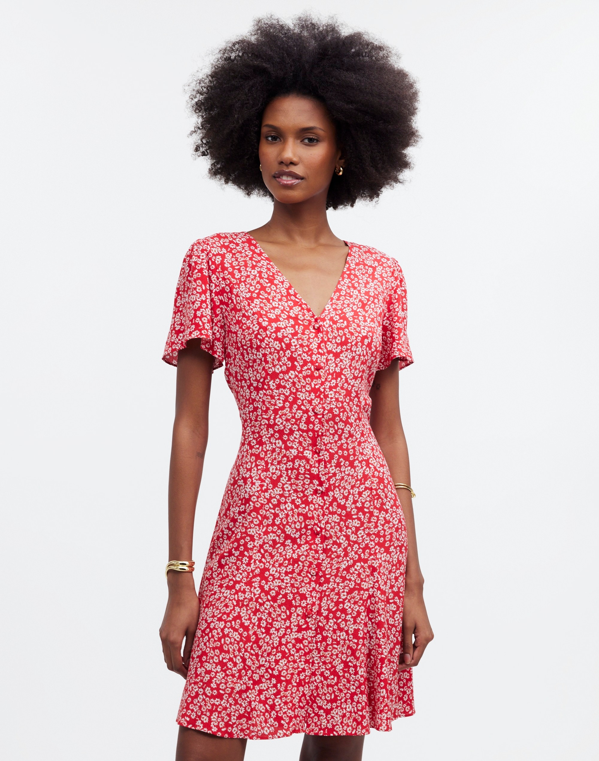 Mw Flutter-sleeve Mini Dress In Red Ditsy