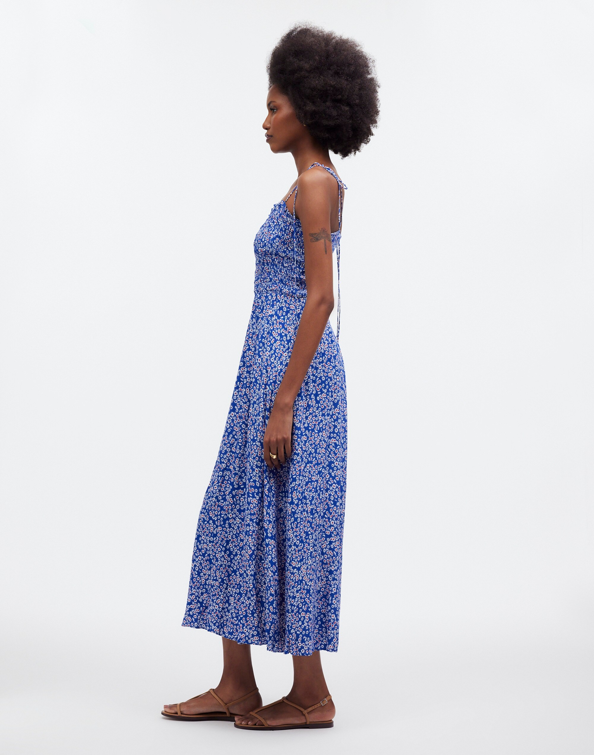 Smocked Tie-Strap Midi Dress in Floral
