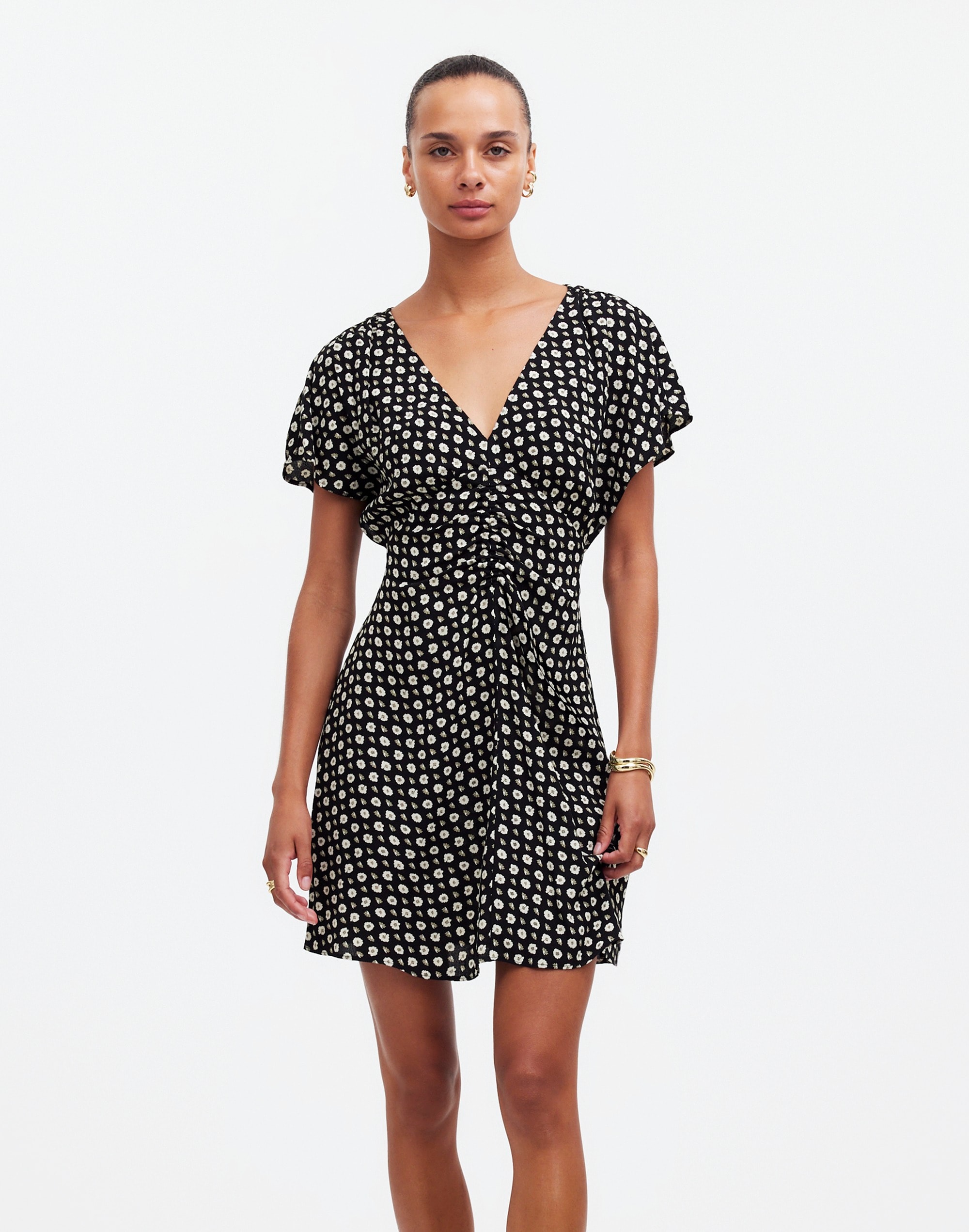 ruched v-neck mini dress in floral