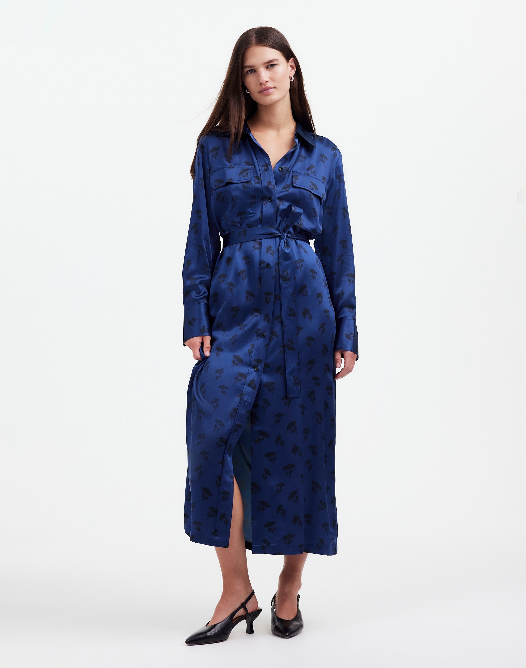 Silk Belted Midi Shirtdress in Floral