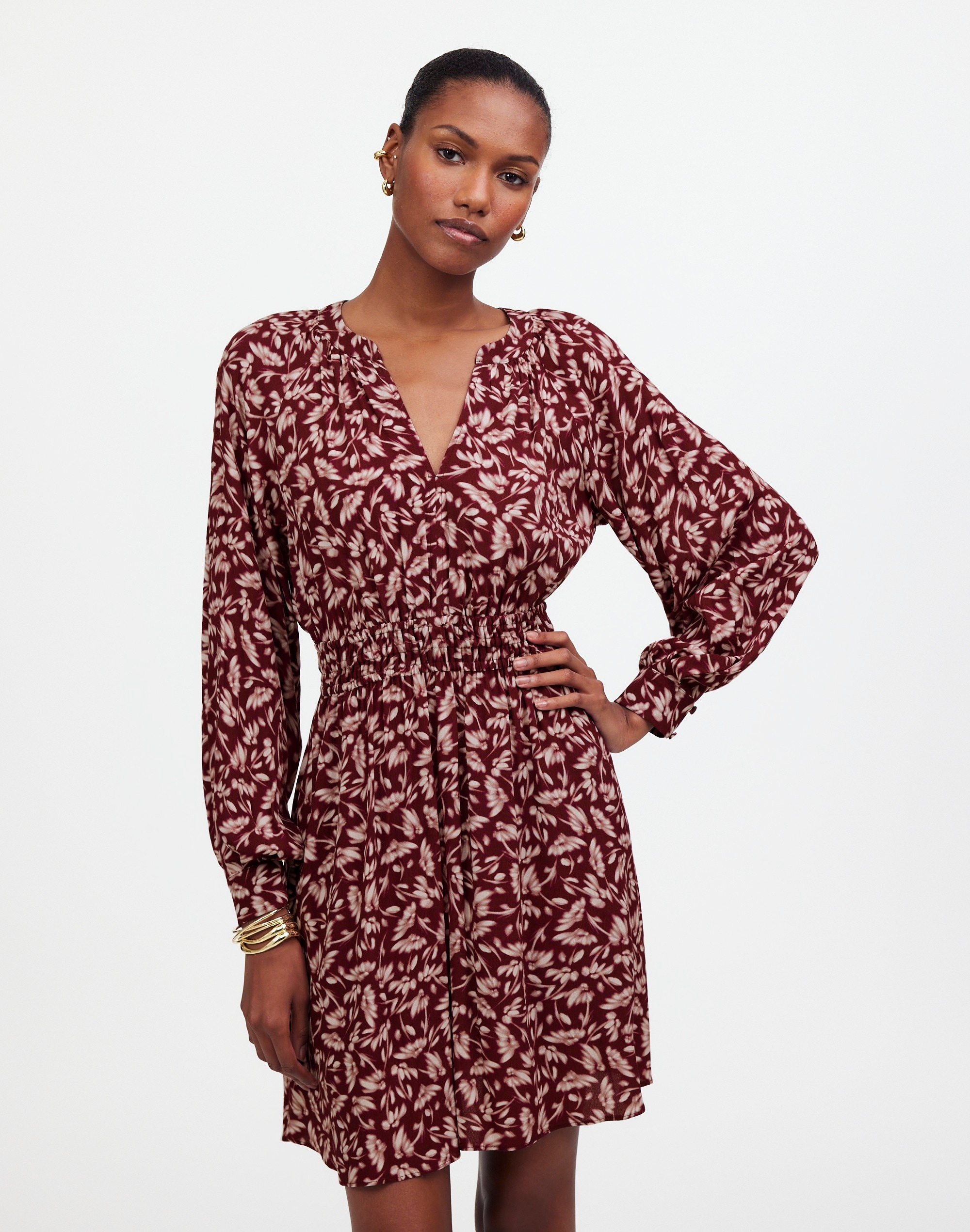 smocked y-neck mini dress in floral