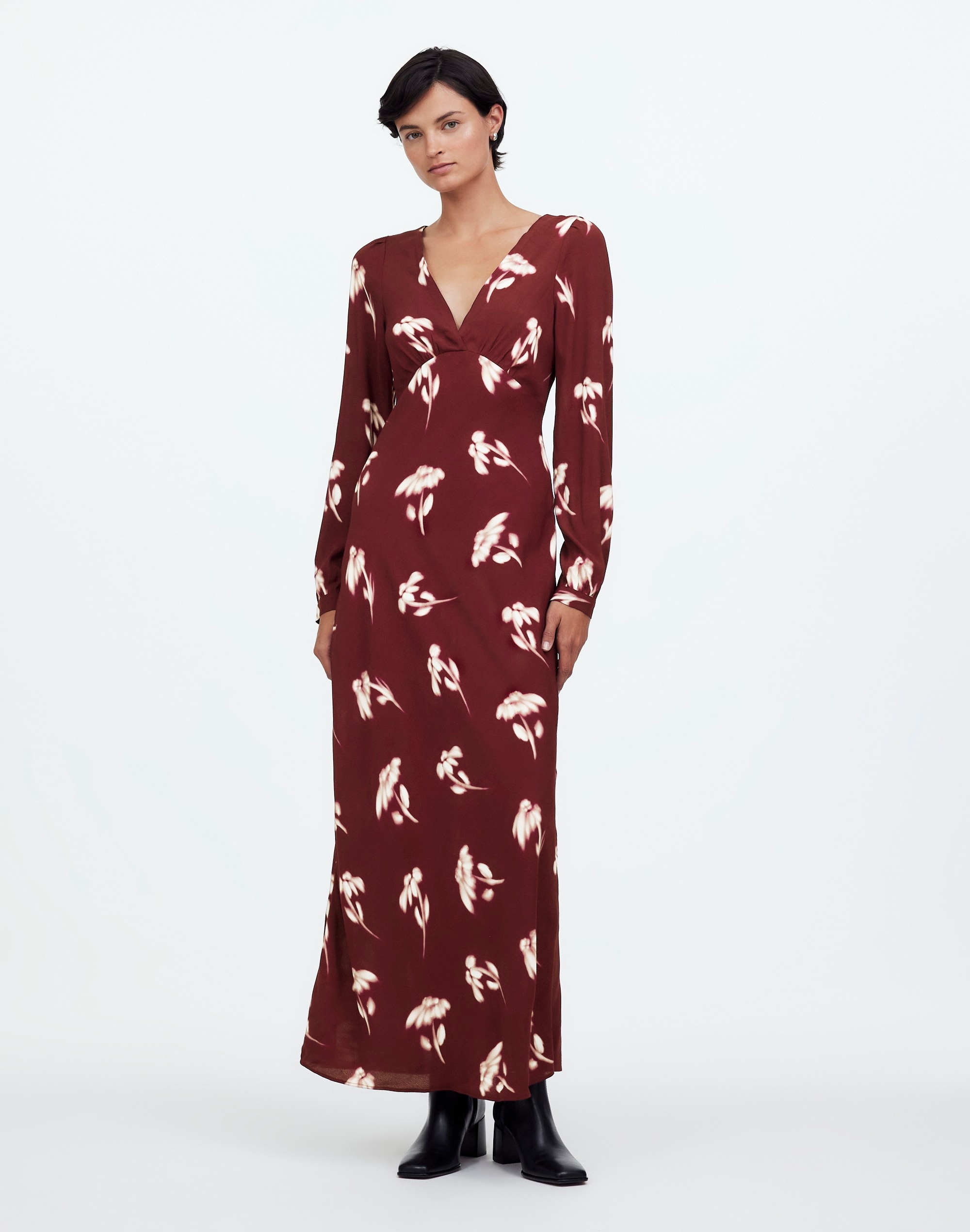 v-neck cuff-sleeve maxi dress in floral